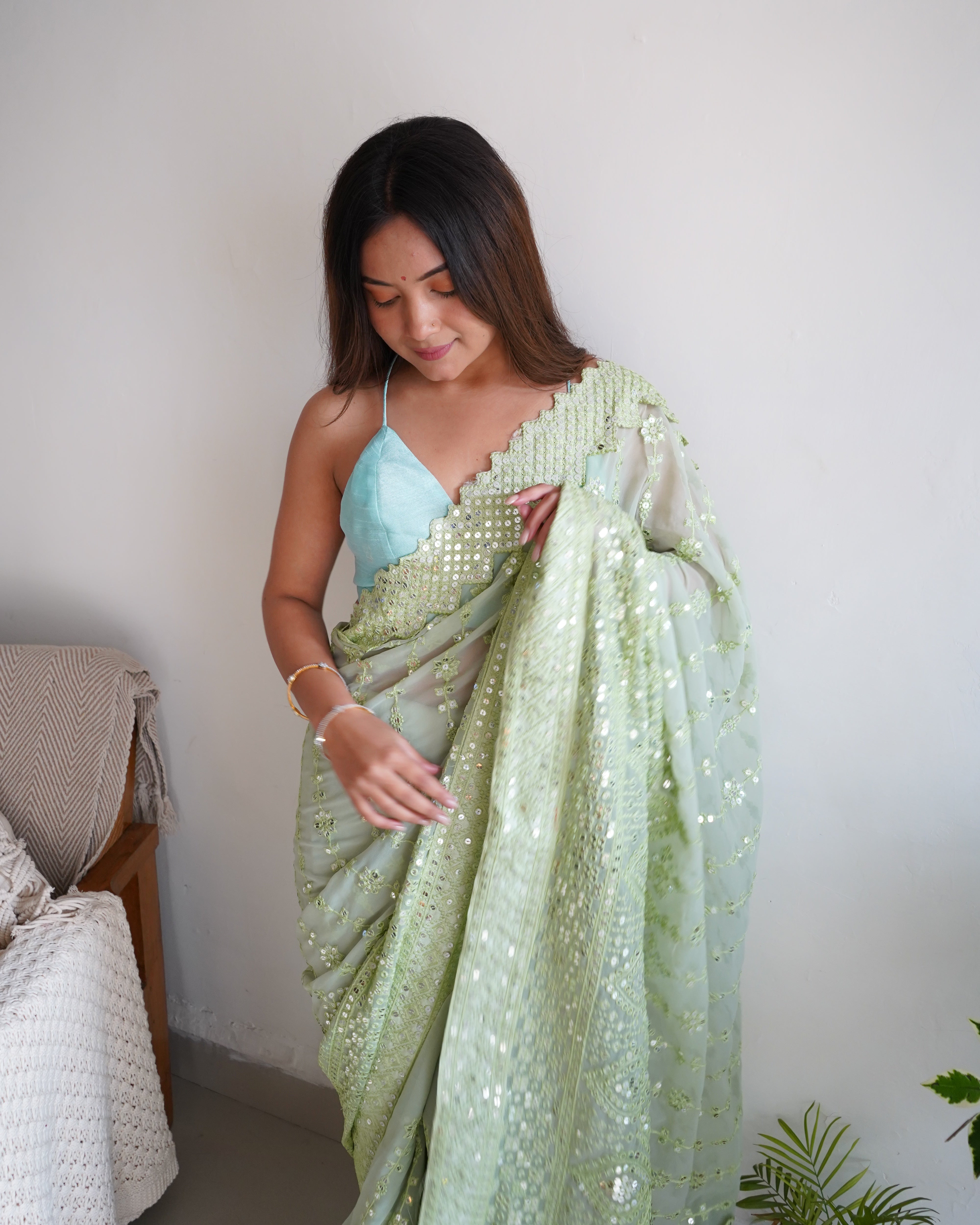 GREEN Georgette Saree With Banglori sattin silk work Blouse