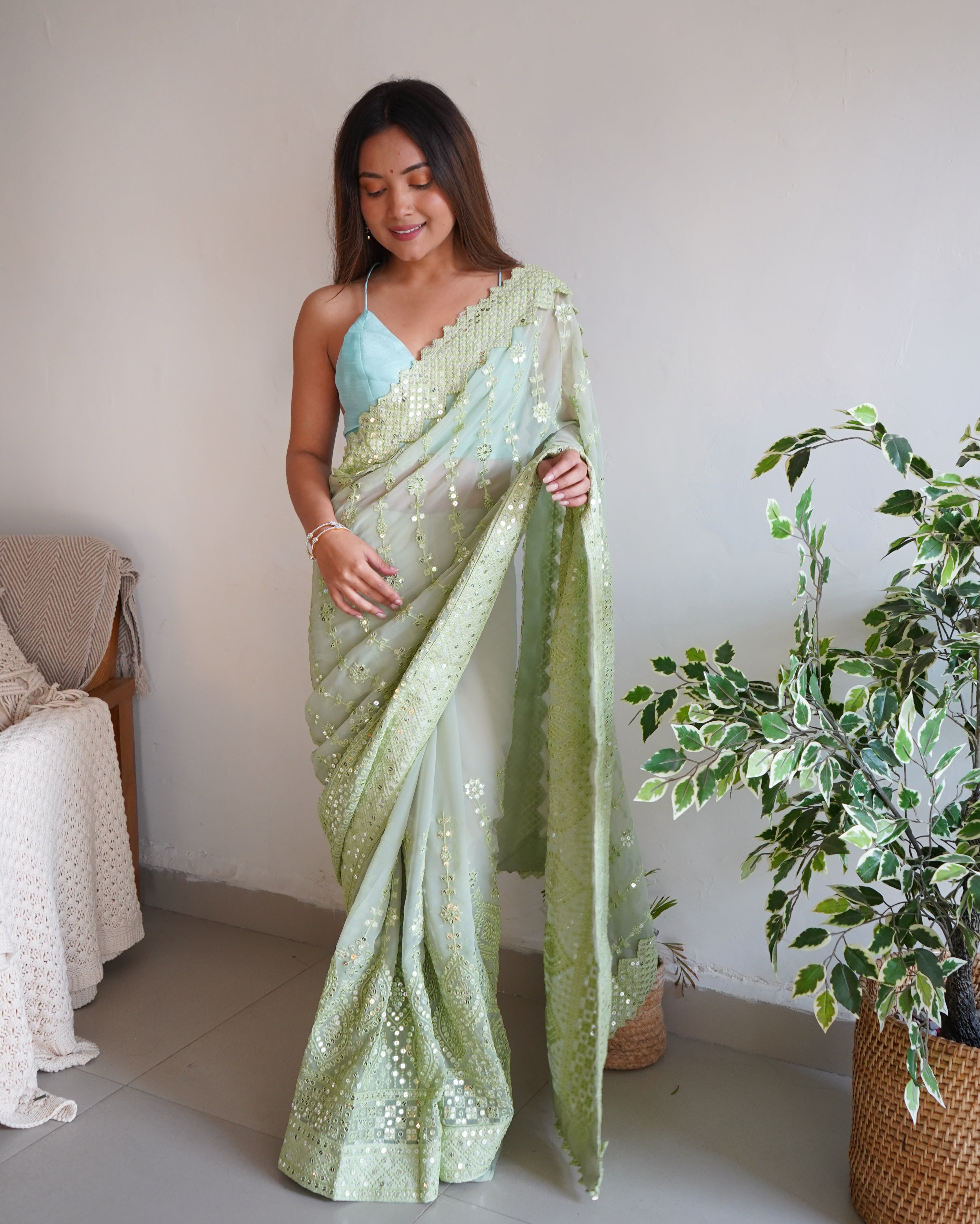 GREEN Georgette Saree With Banglori sattin silk work Blouse