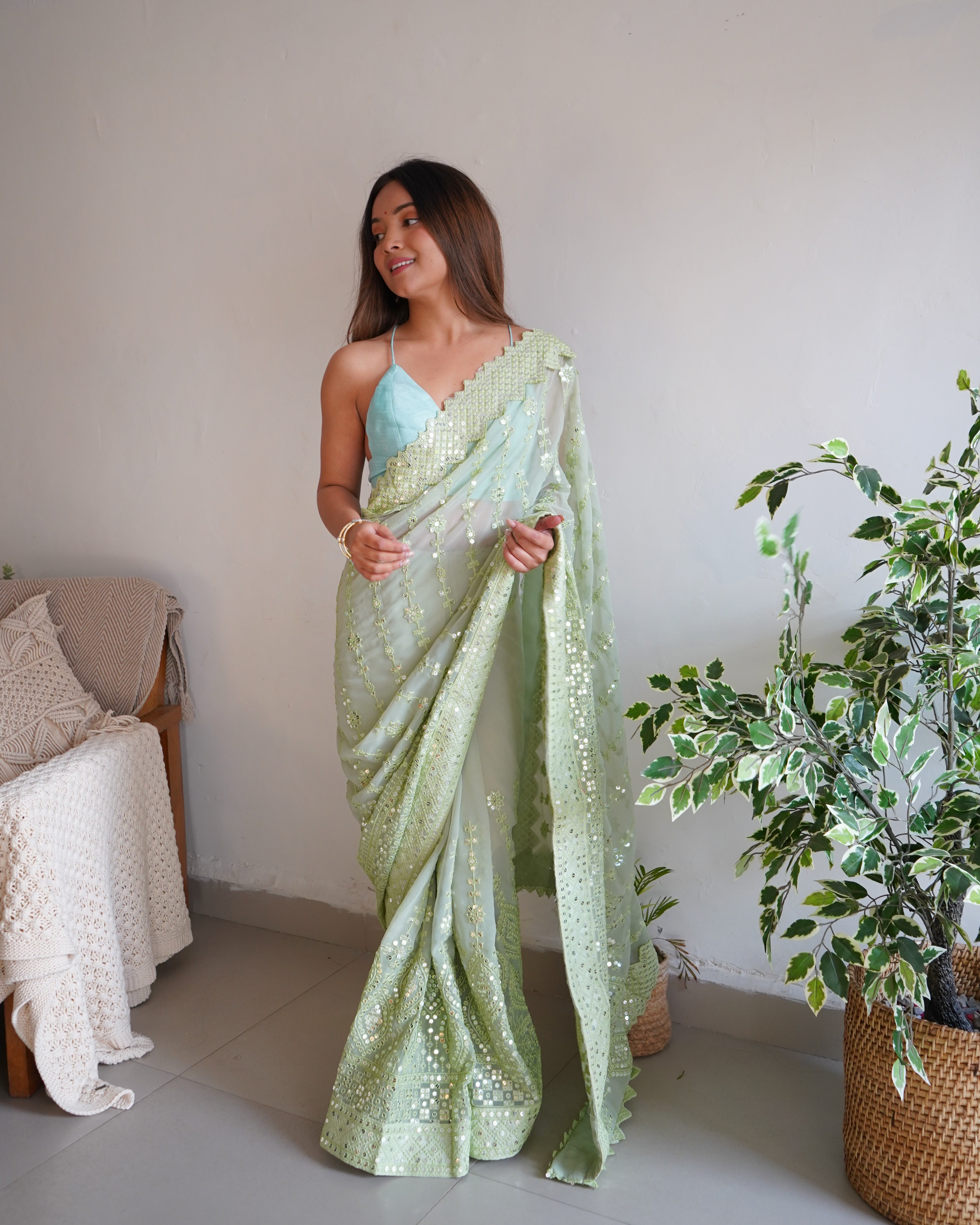 GREEN Georgette Saree With Banglori sattin silk work Blouse