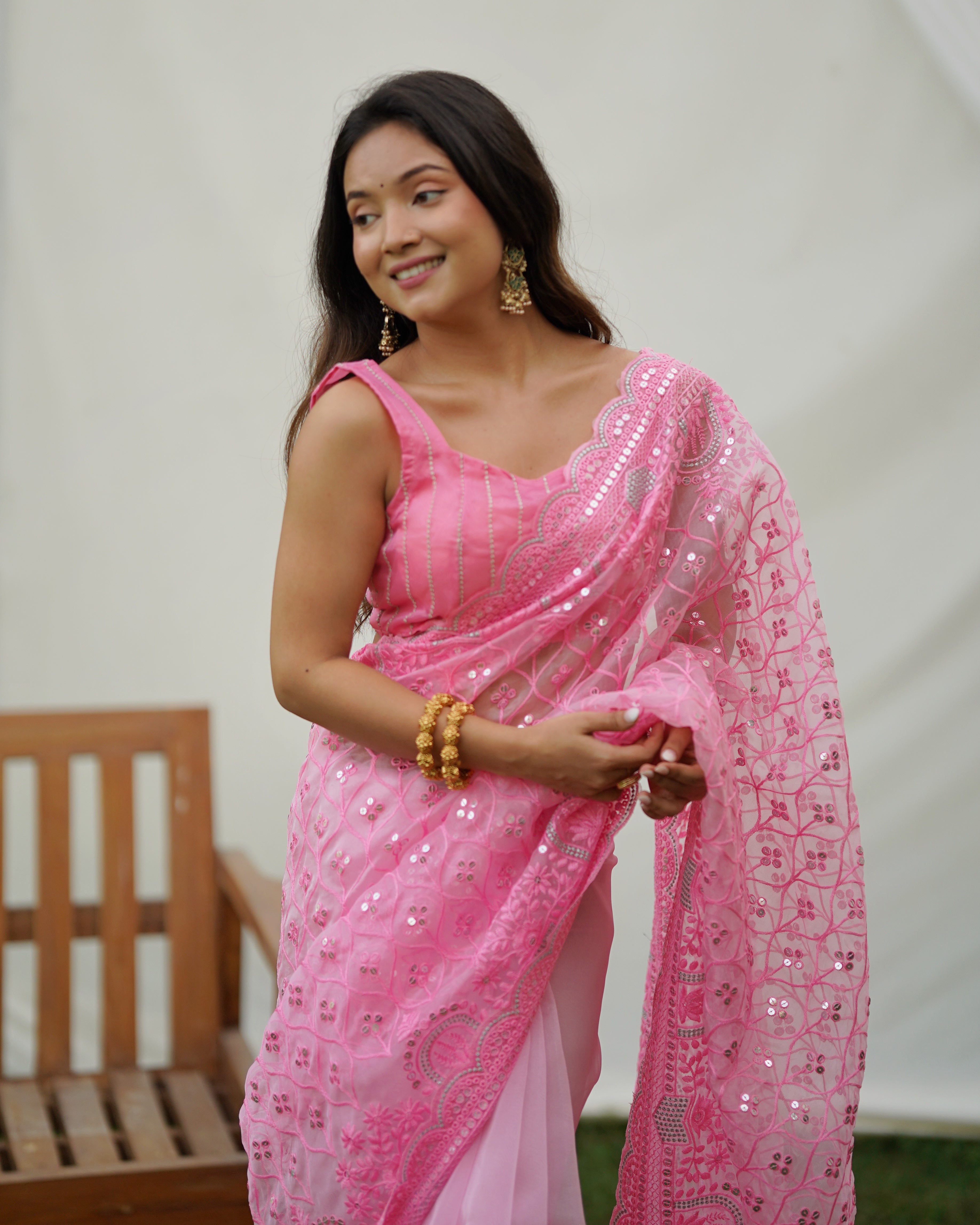 Pink Oraganza Saree With sattin benglori Blouse