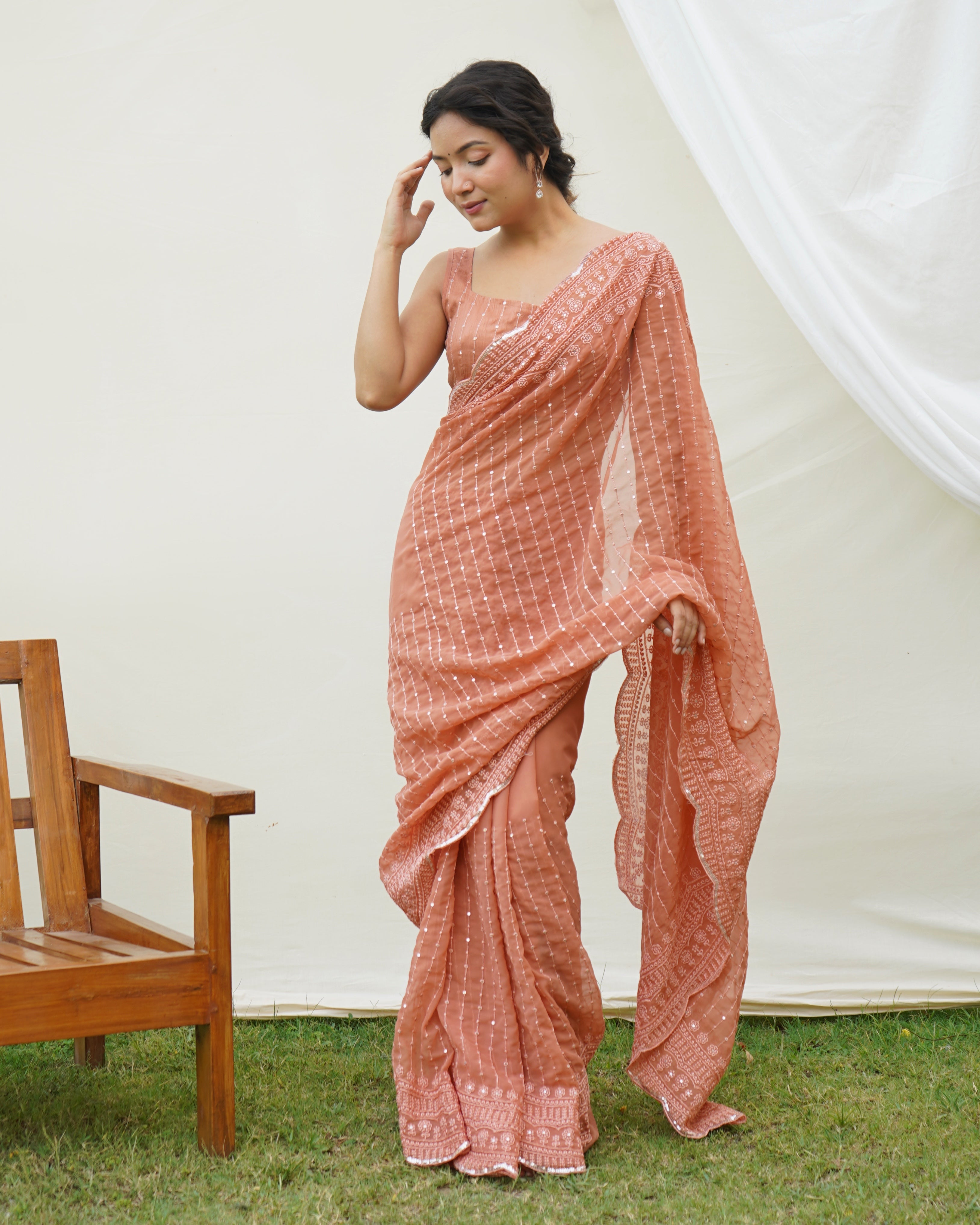 Orange Georgette Saree With Sattin Benglori Blouse