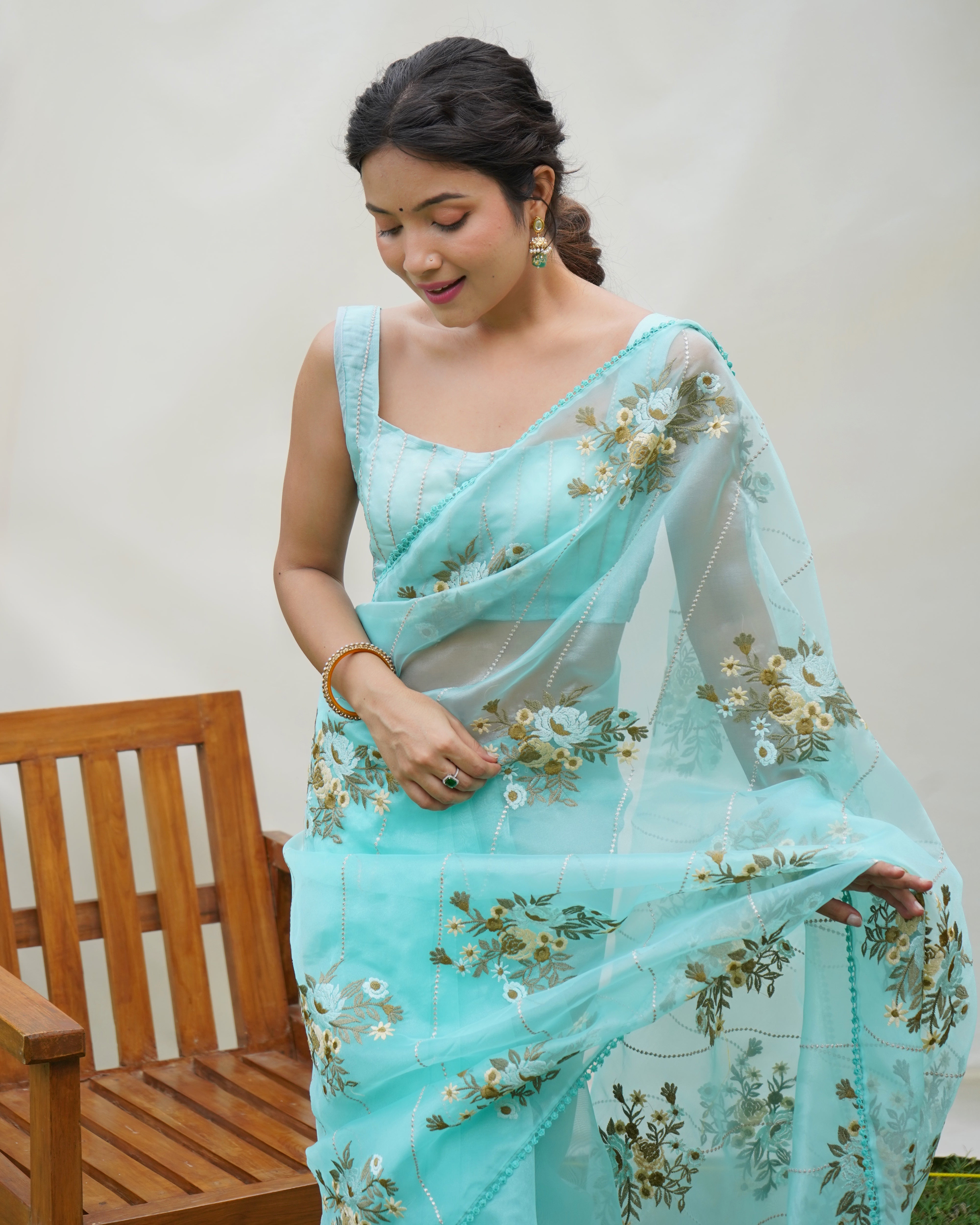 Blue Organza silk Saree With Organza silk Blouse