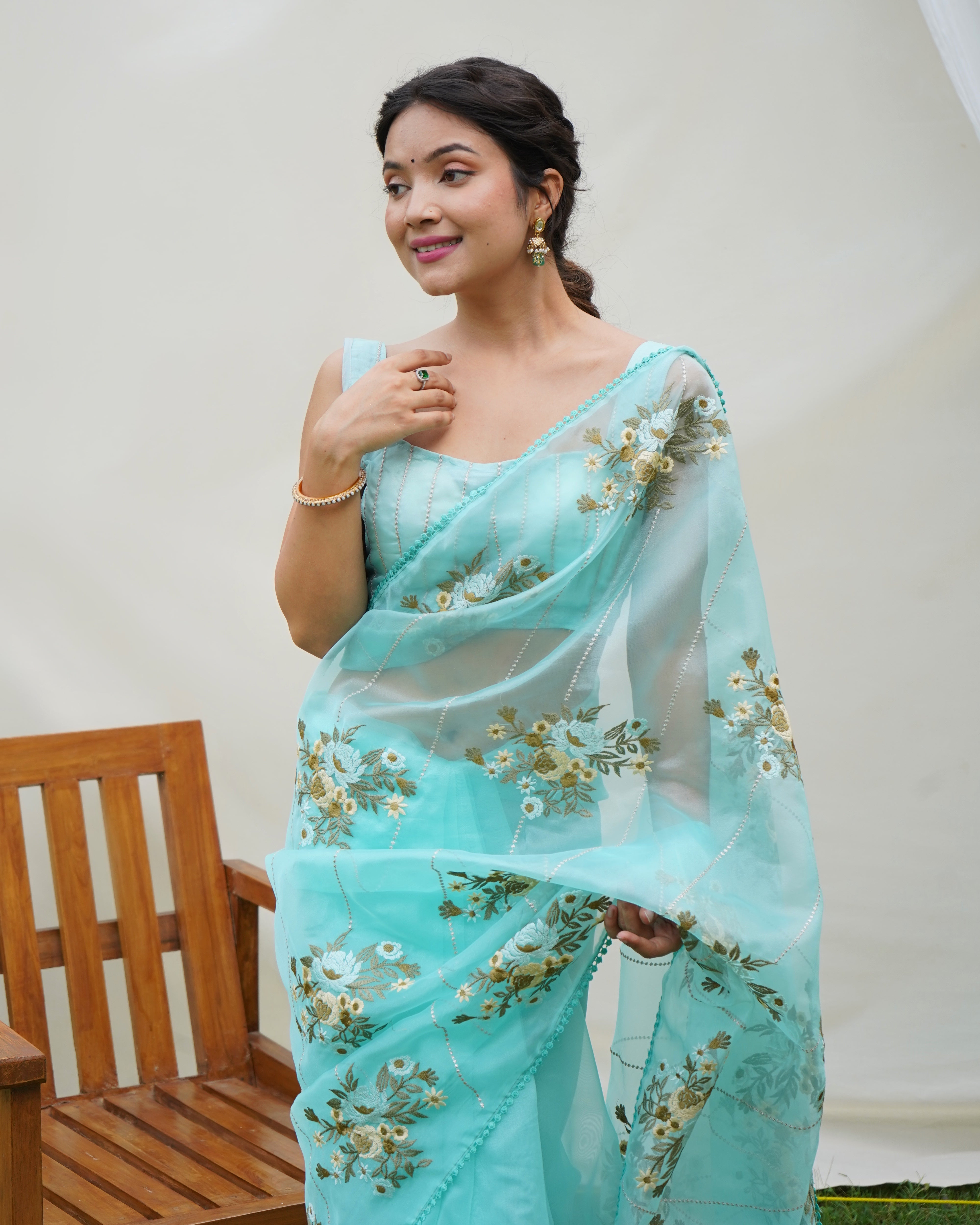 Blue Organza silk Saree With Organza silk Blouse