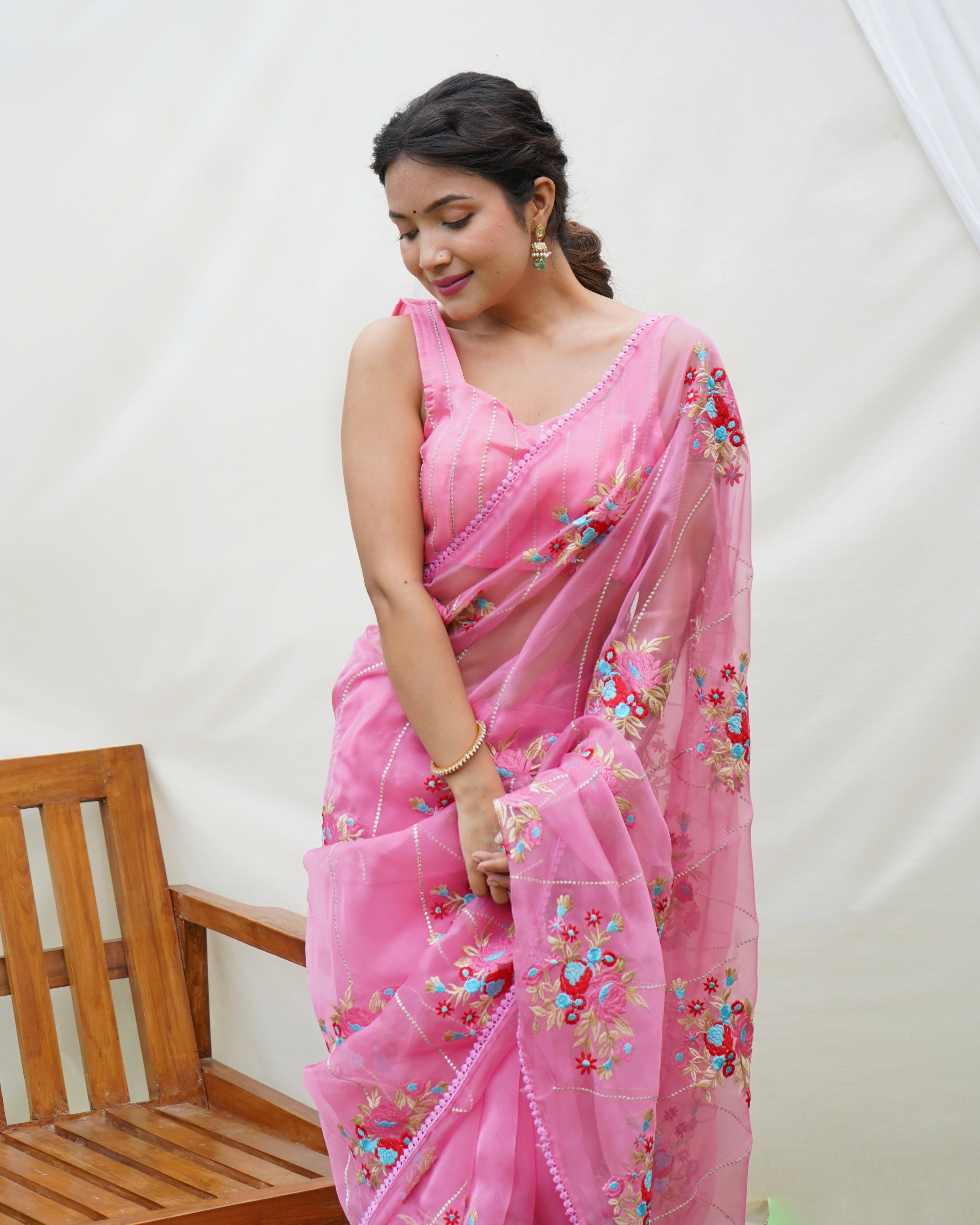 Pink Organza silk Saree With Organza silk Blouse