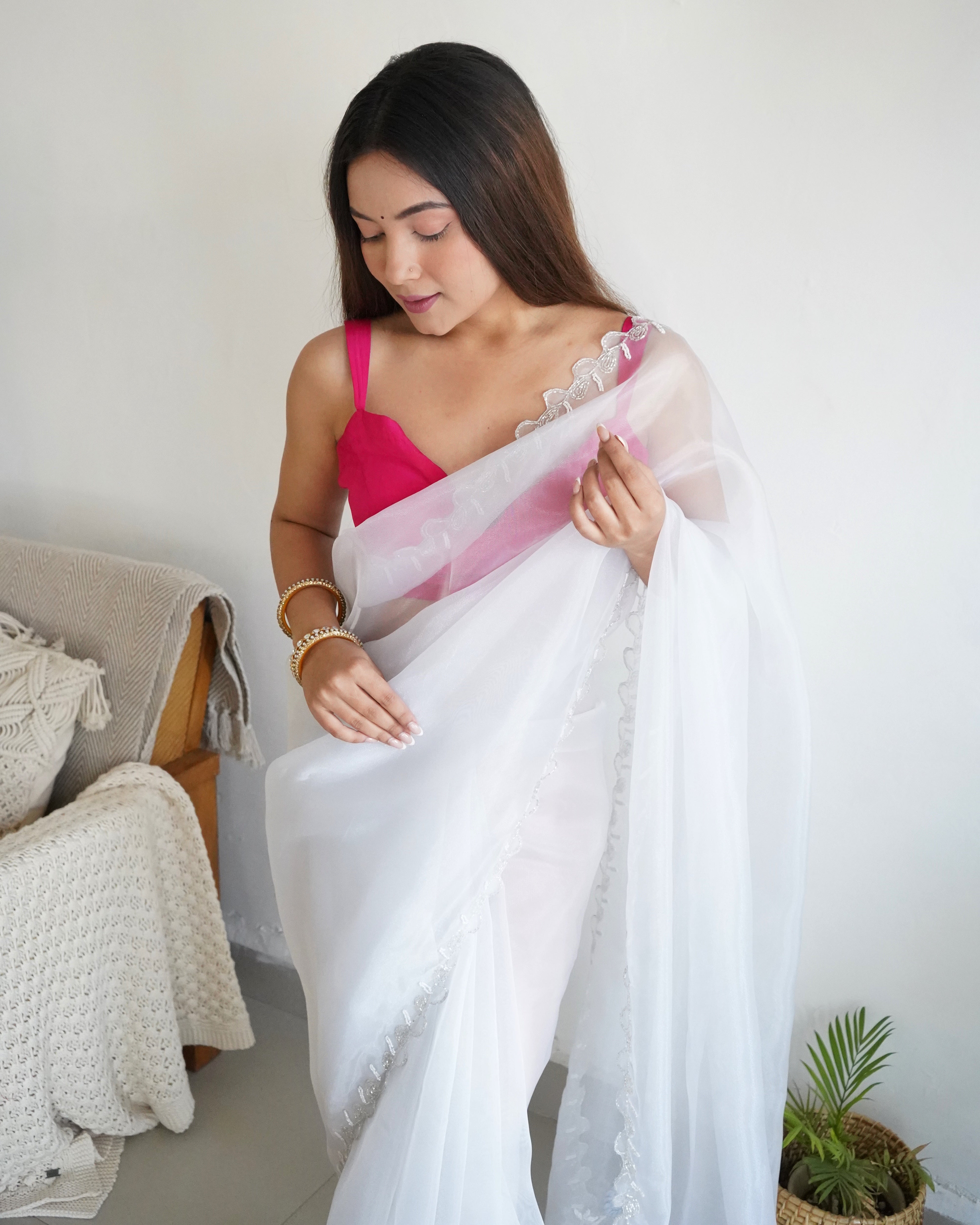 White Organza Saree With Chikankari Blouse