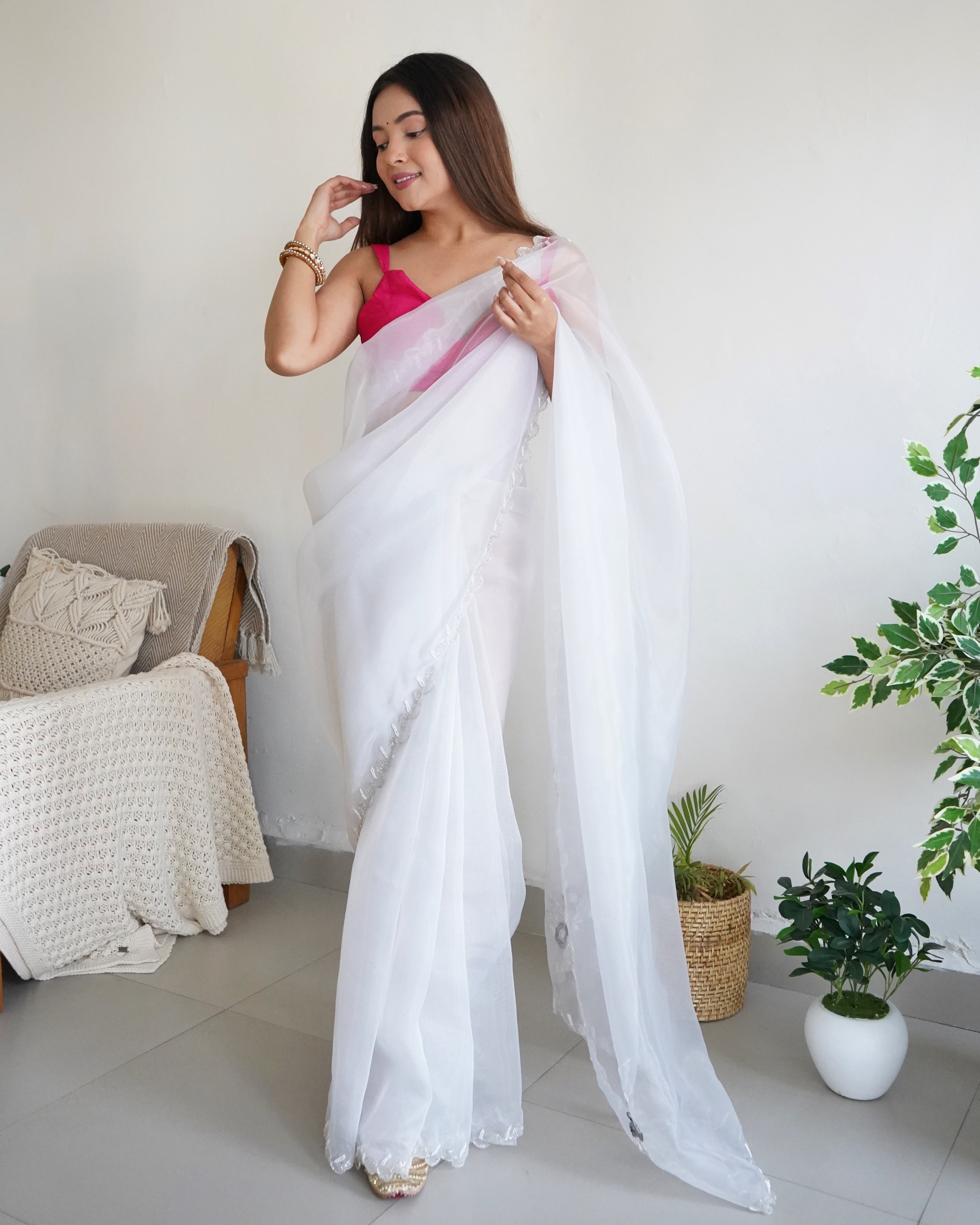 White Organza Saree With Chikankari Blouse