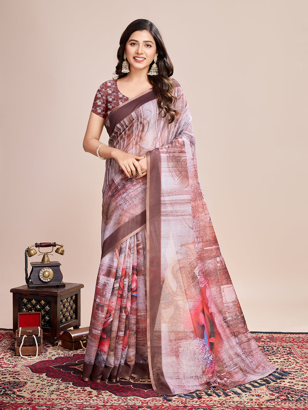 CREAM SEMI LINEN SAREE