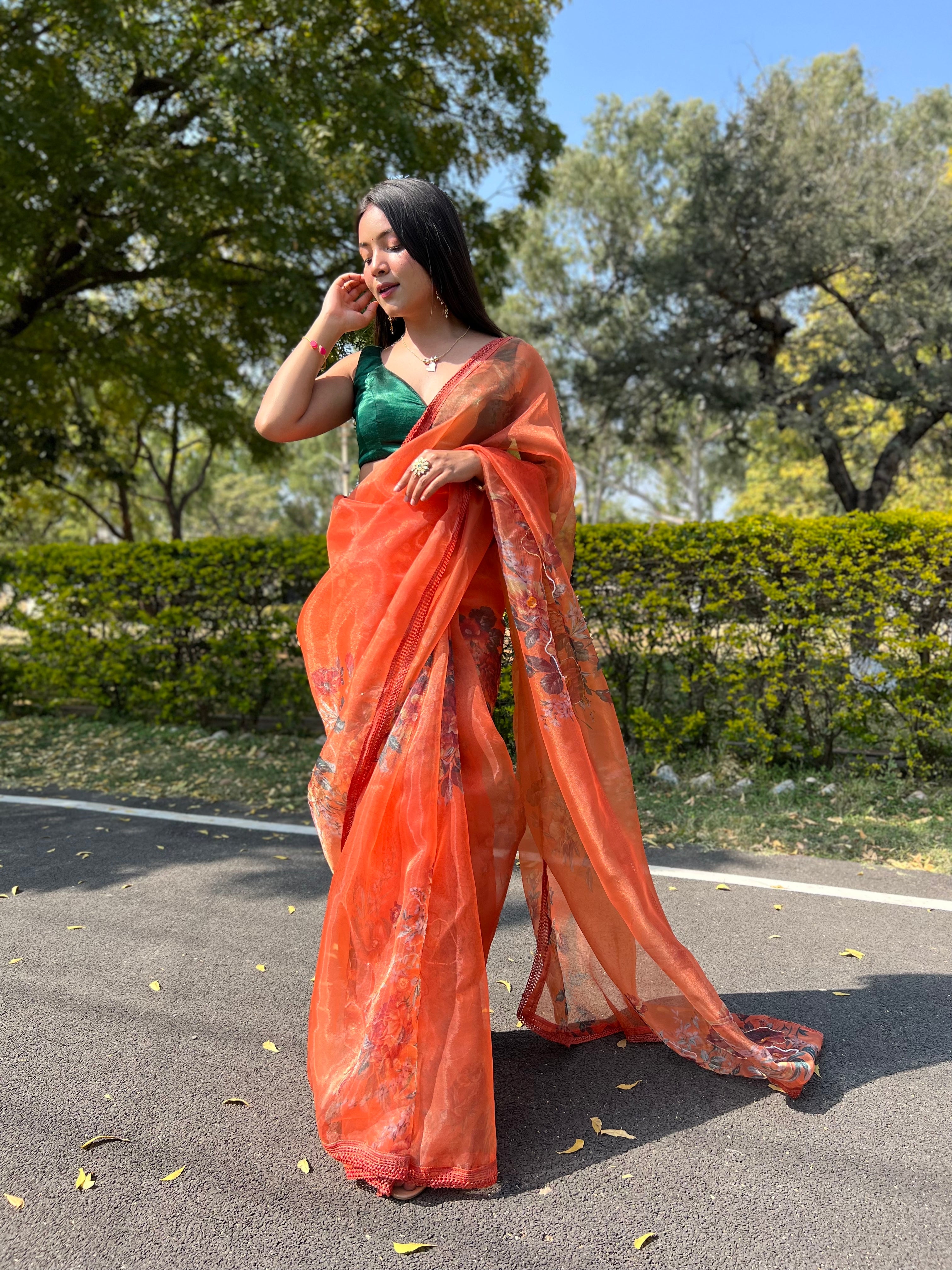 Orange Organza Saree With Satin Benglori Blouse