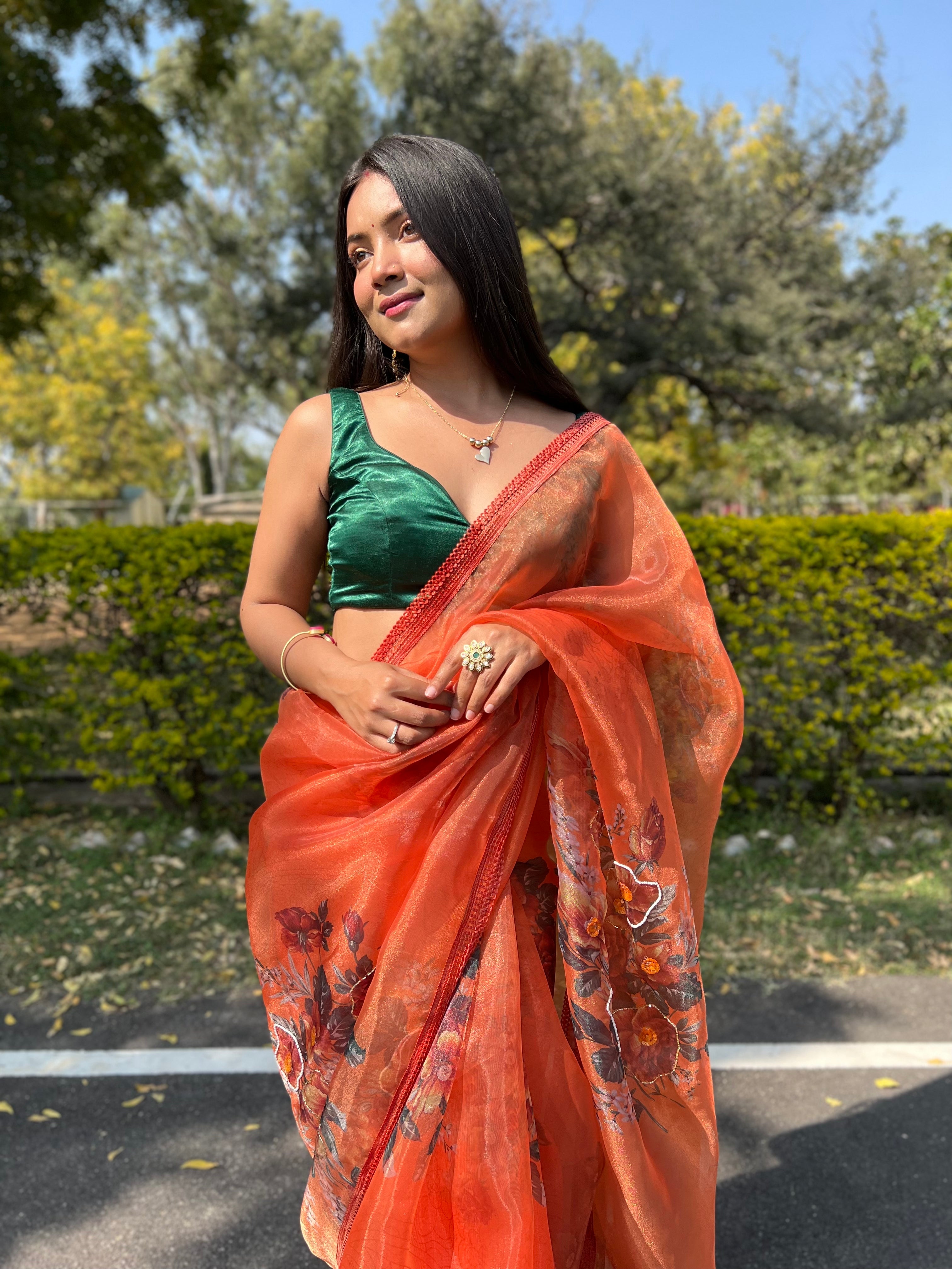 Orange Organza Saree With Satin Benglori Blouse