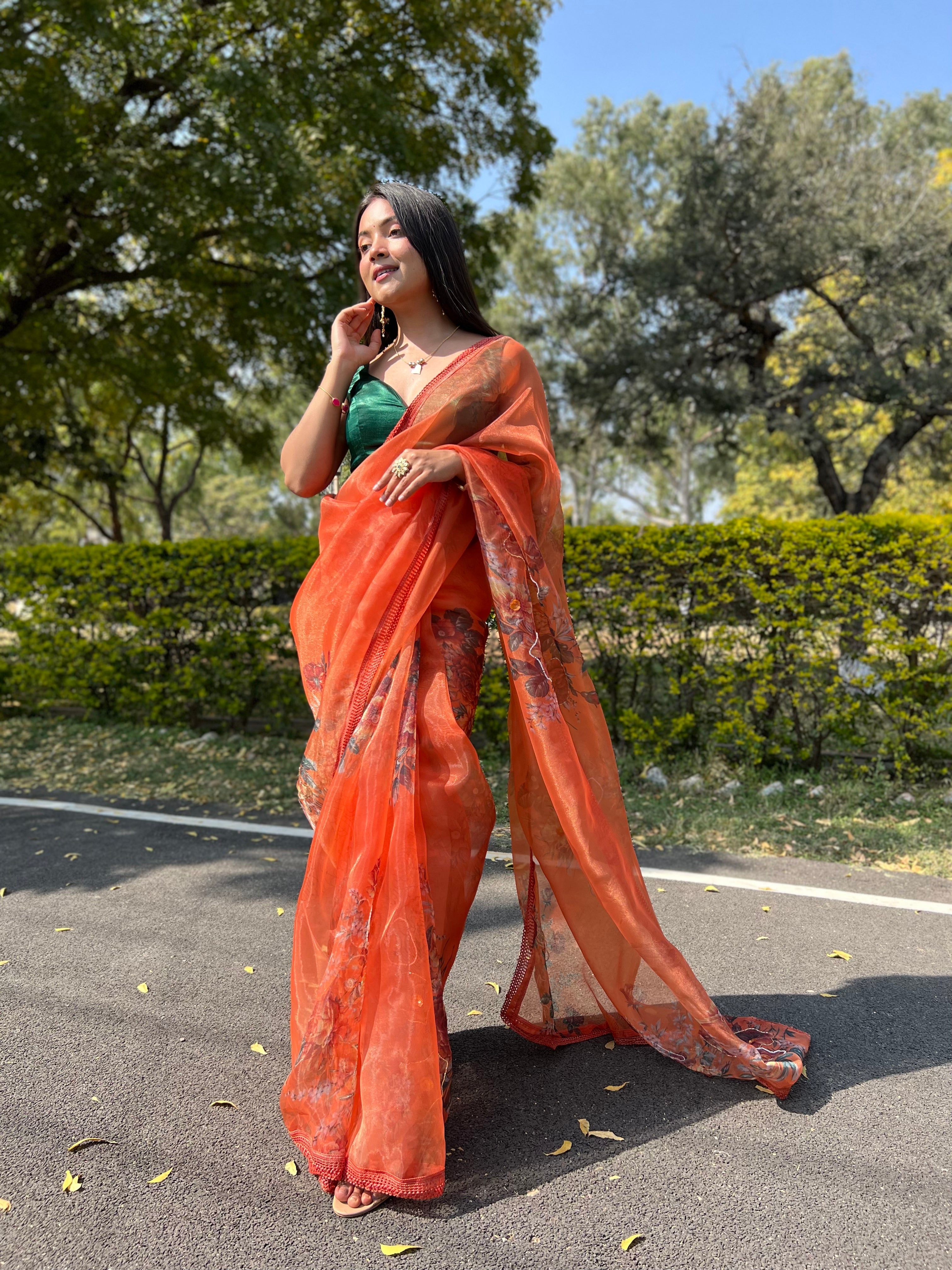 Orange Organza Saree With Satin Benglori Blouse