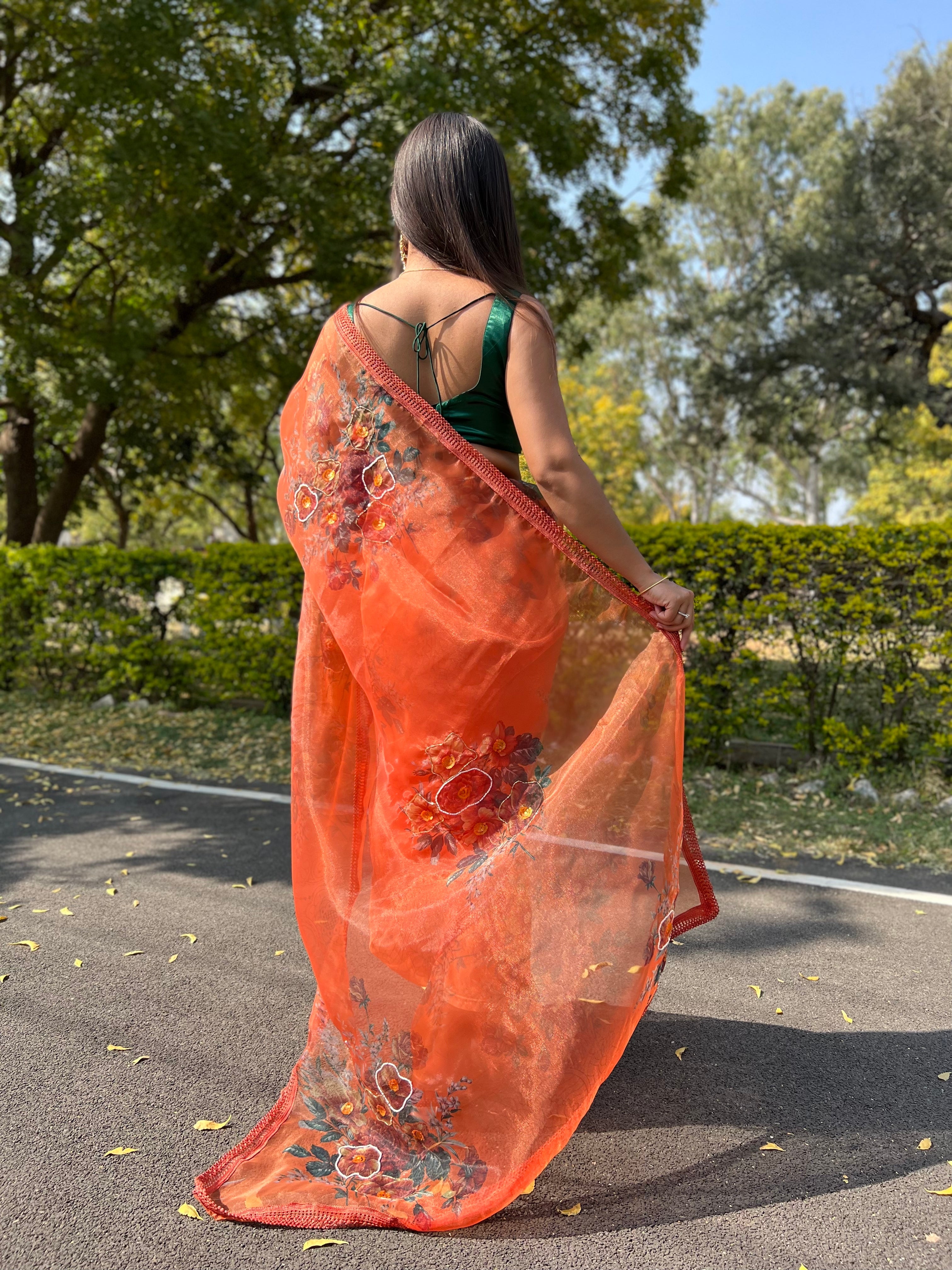 Orange Organza Saree With Satin Benglori Blouse