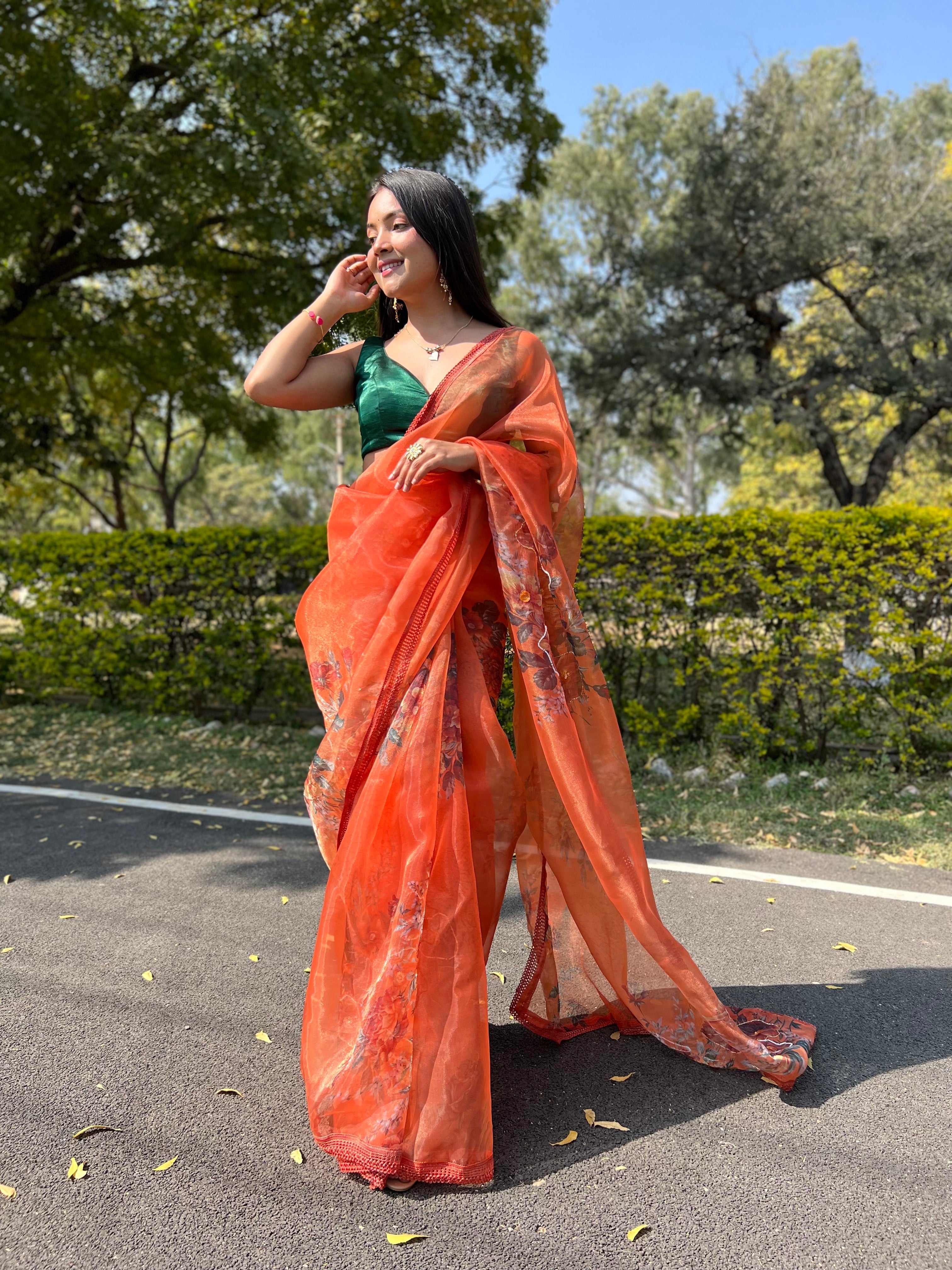 Orange Organza Saree With Satin Benglori Blouse