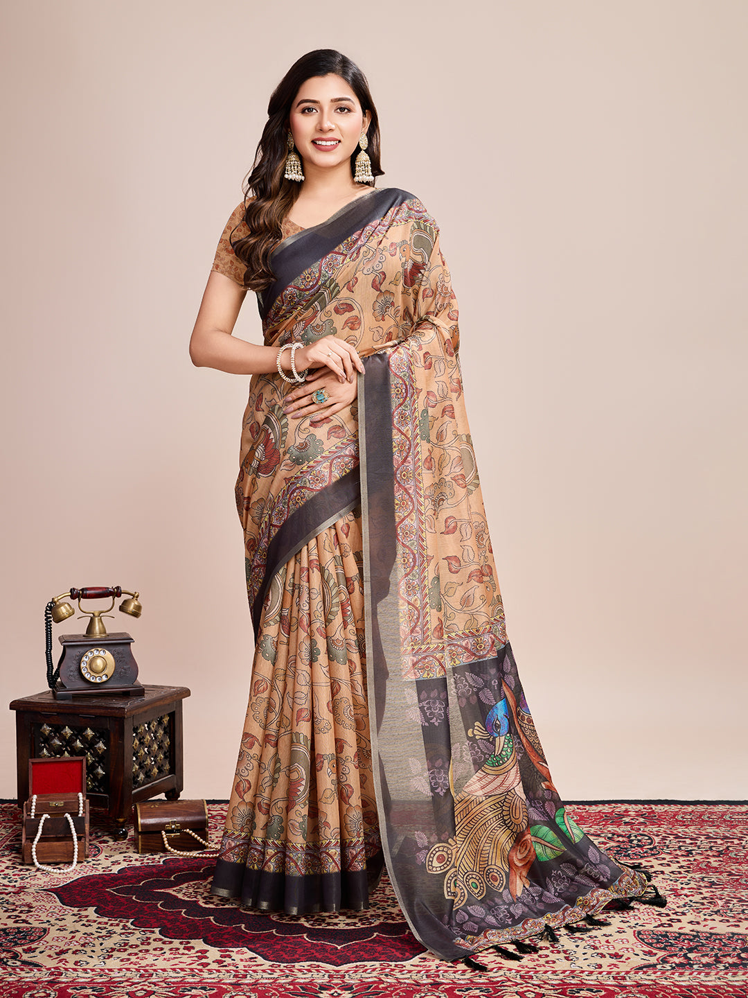 CREAM SEMI LINEN SAREE