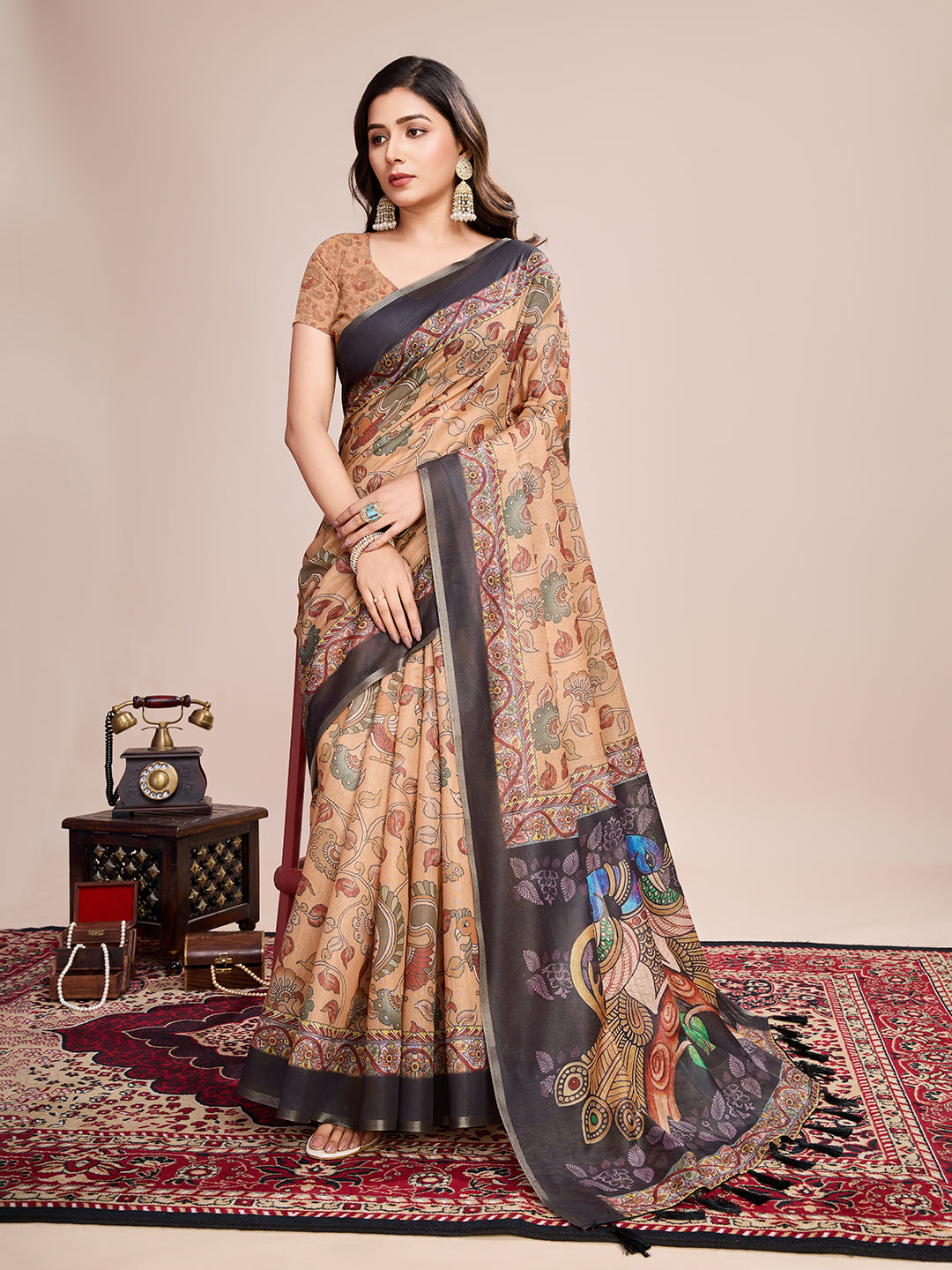 CREAM SEMI LINEN SAREE