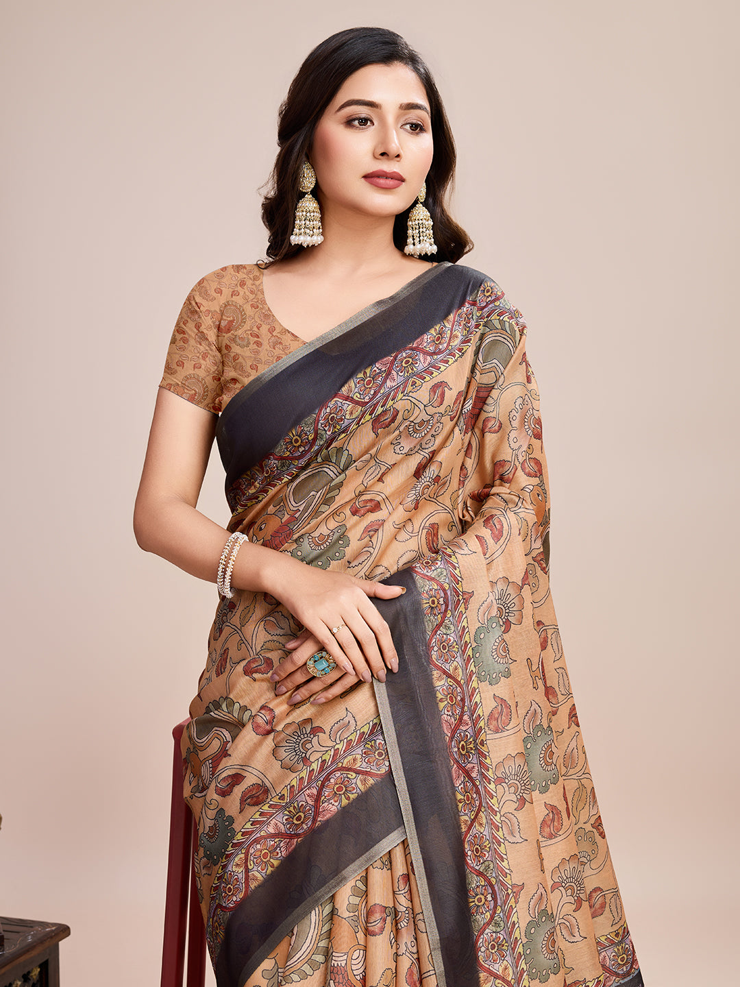 CREAM SEMI LINEN SAREE