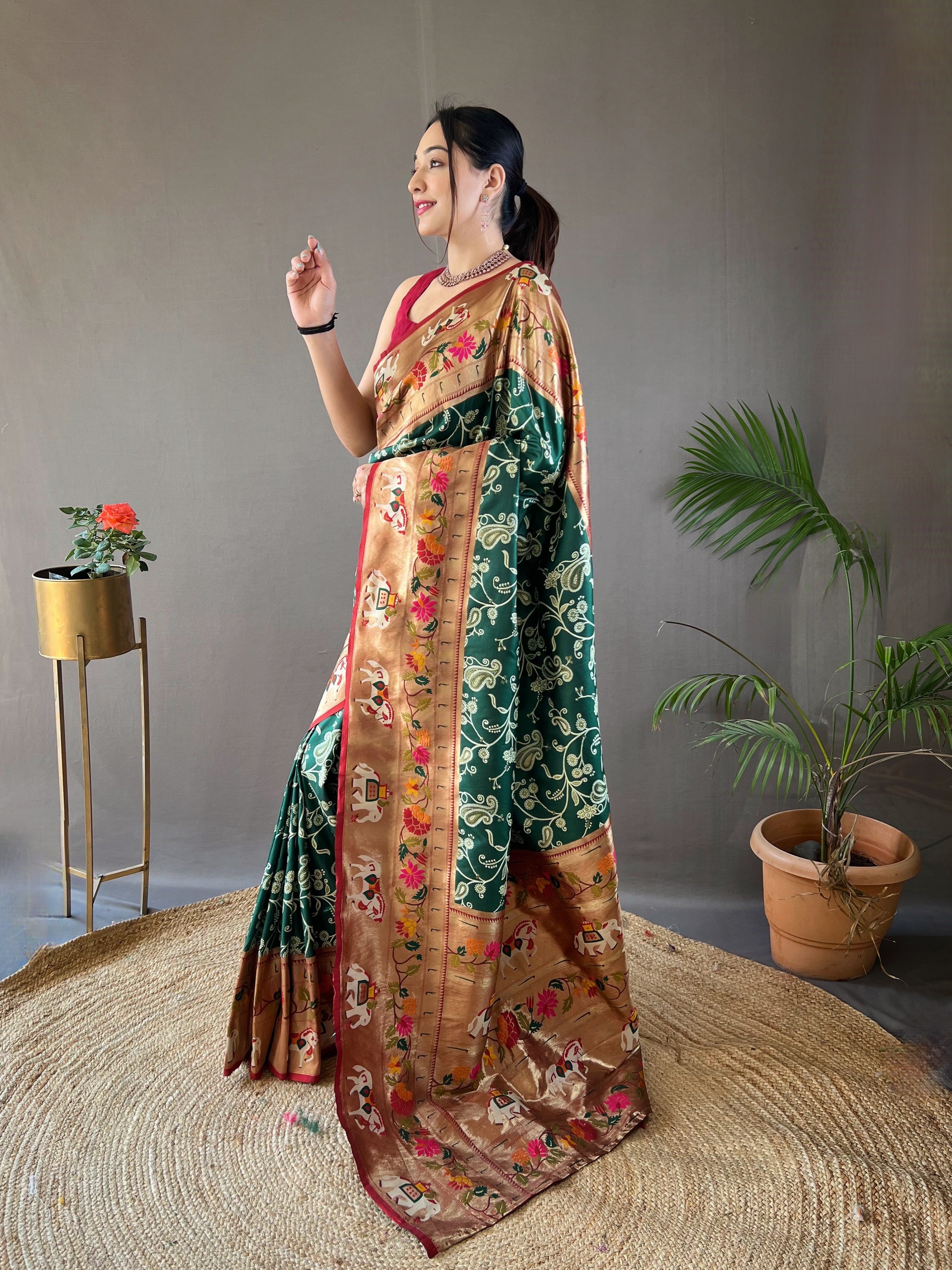 GREEN Lucknowi Weaving SAREE