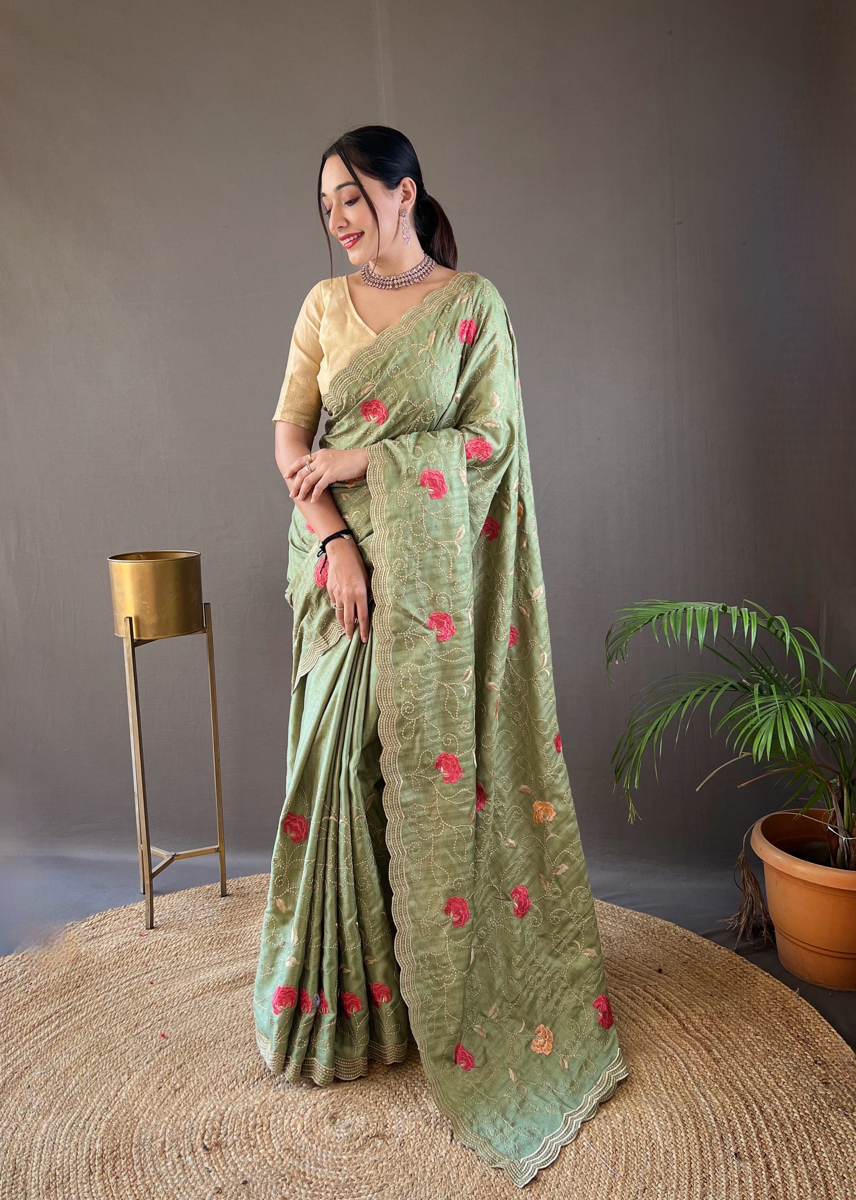 GREEN Pure tussar silk SAREE