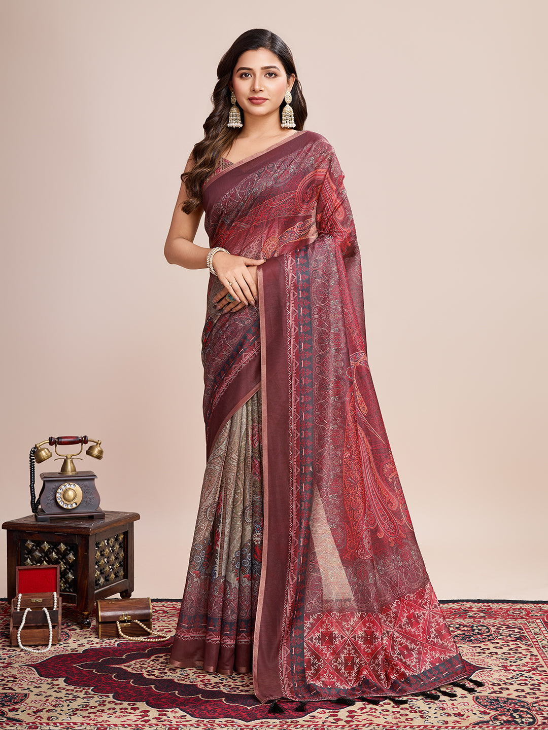 RED SEMI LINEN SAREE