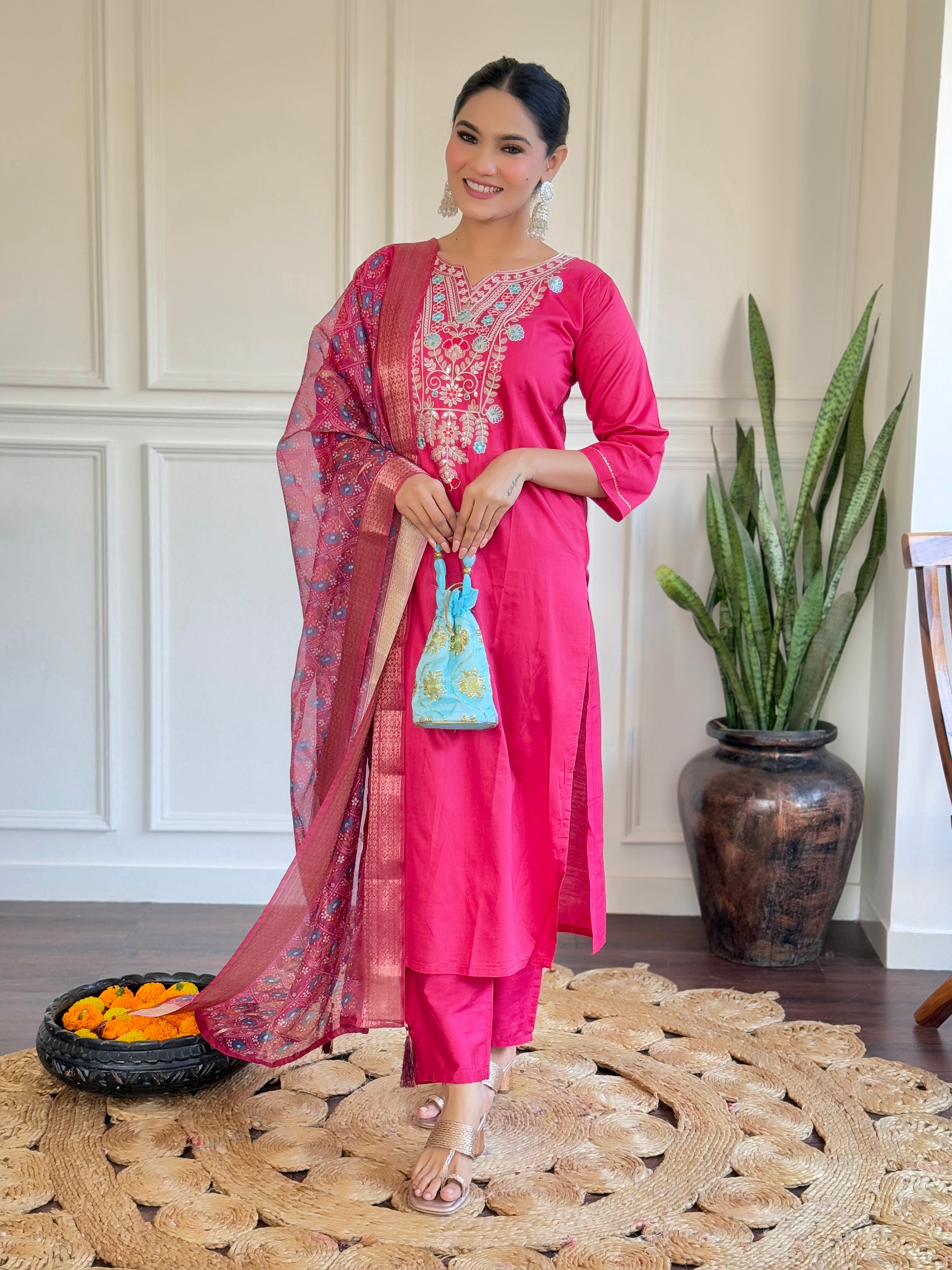 Pink Women Embroidered Chanderi & Organza Butti Duppata Set