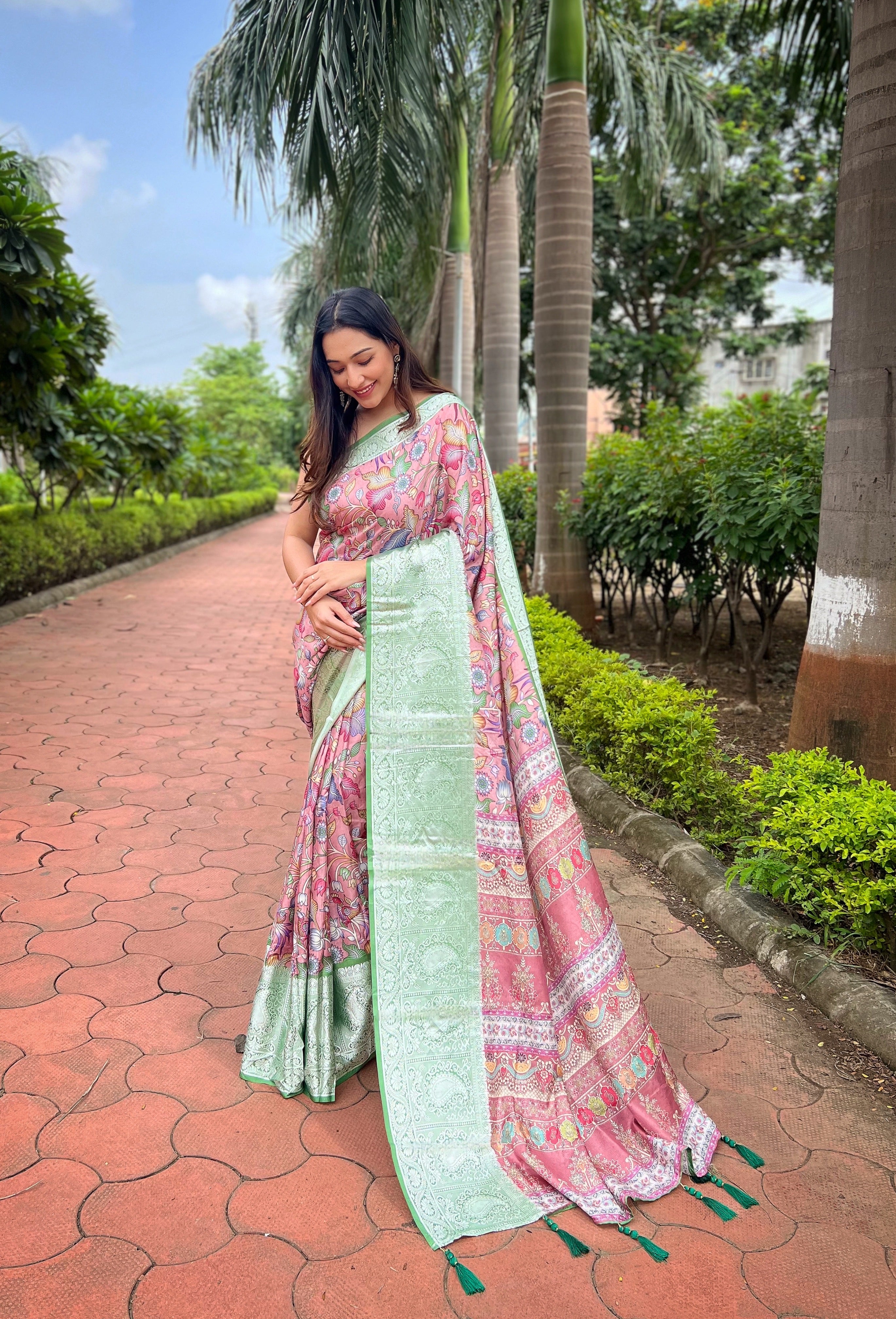 GREEN Pure soft tussur dola satin silk Saree With satin silk Blouse