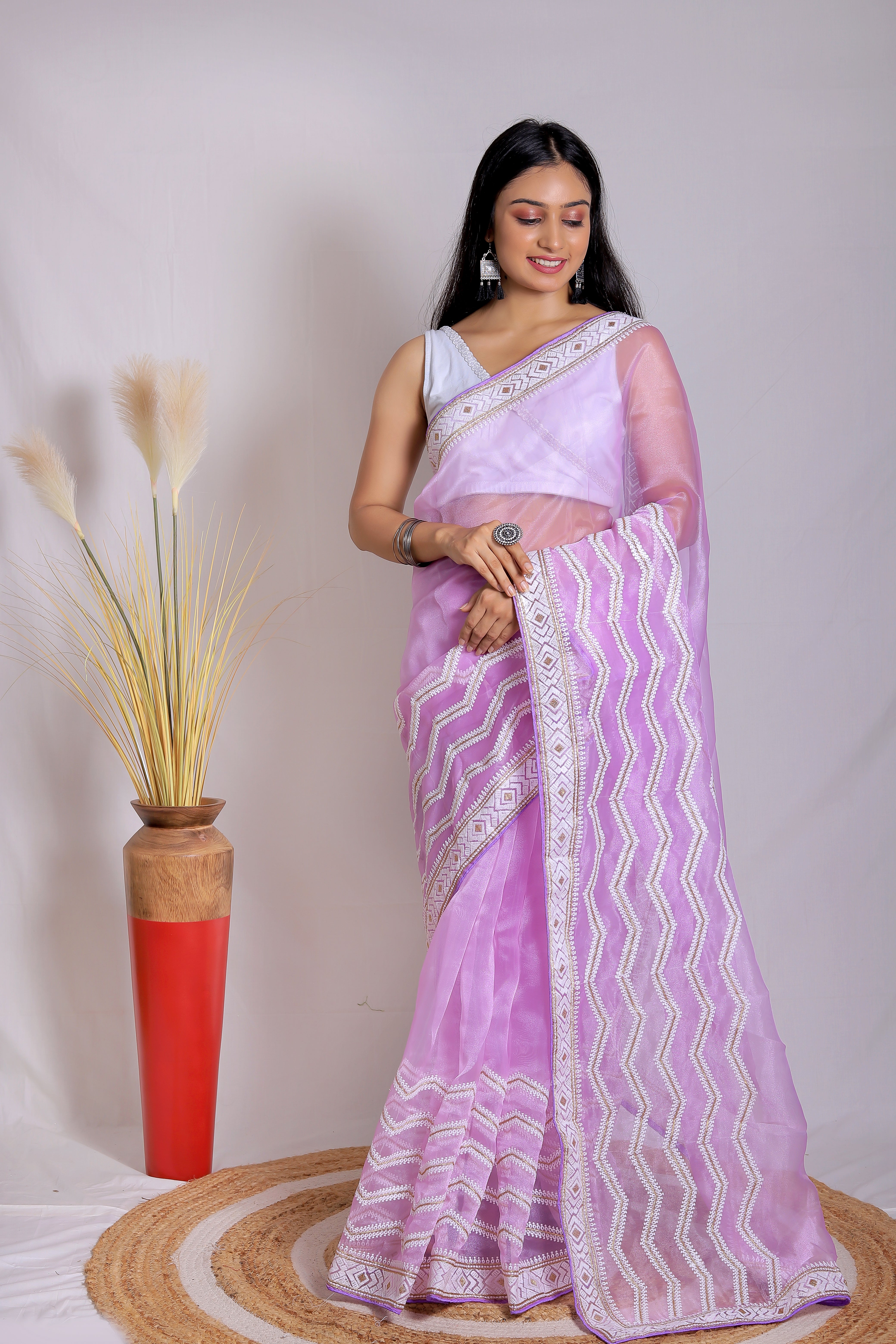 Lavender Organza Saree With Satin Benglori Blouse