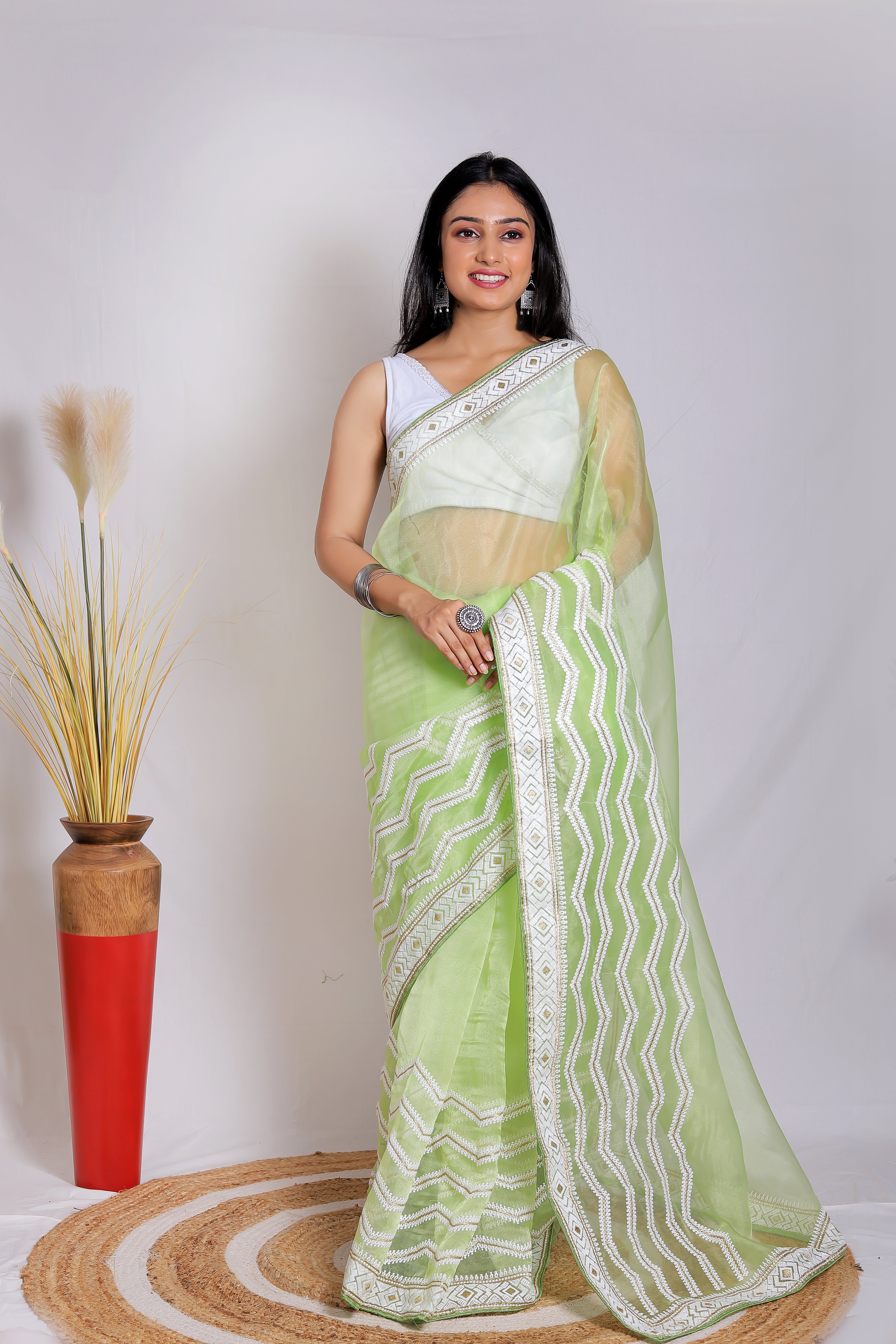 GREEN Organza Saree With Satin Benglori Blouse