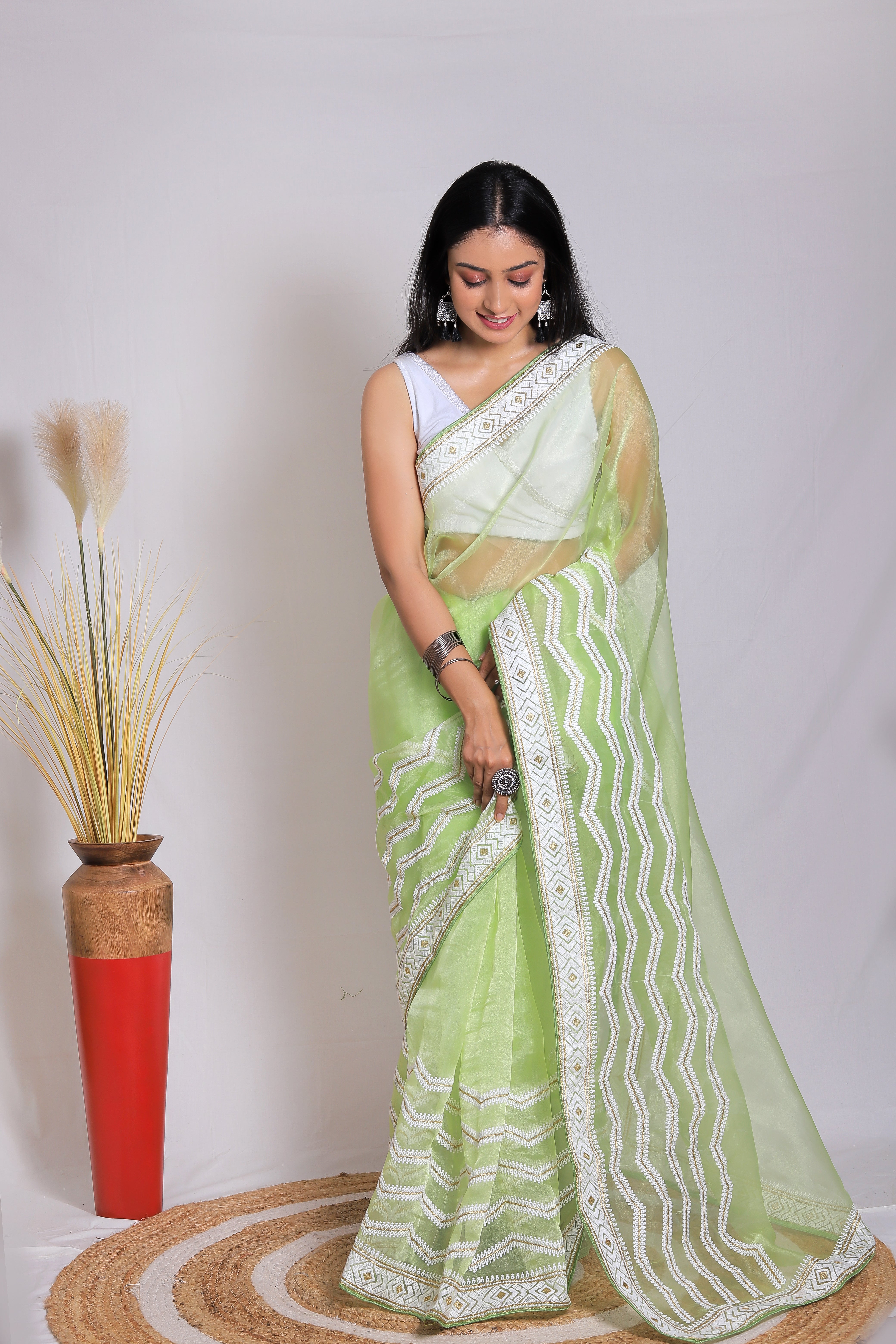 GREEN Organza Saree With Satin Benglori Blouse