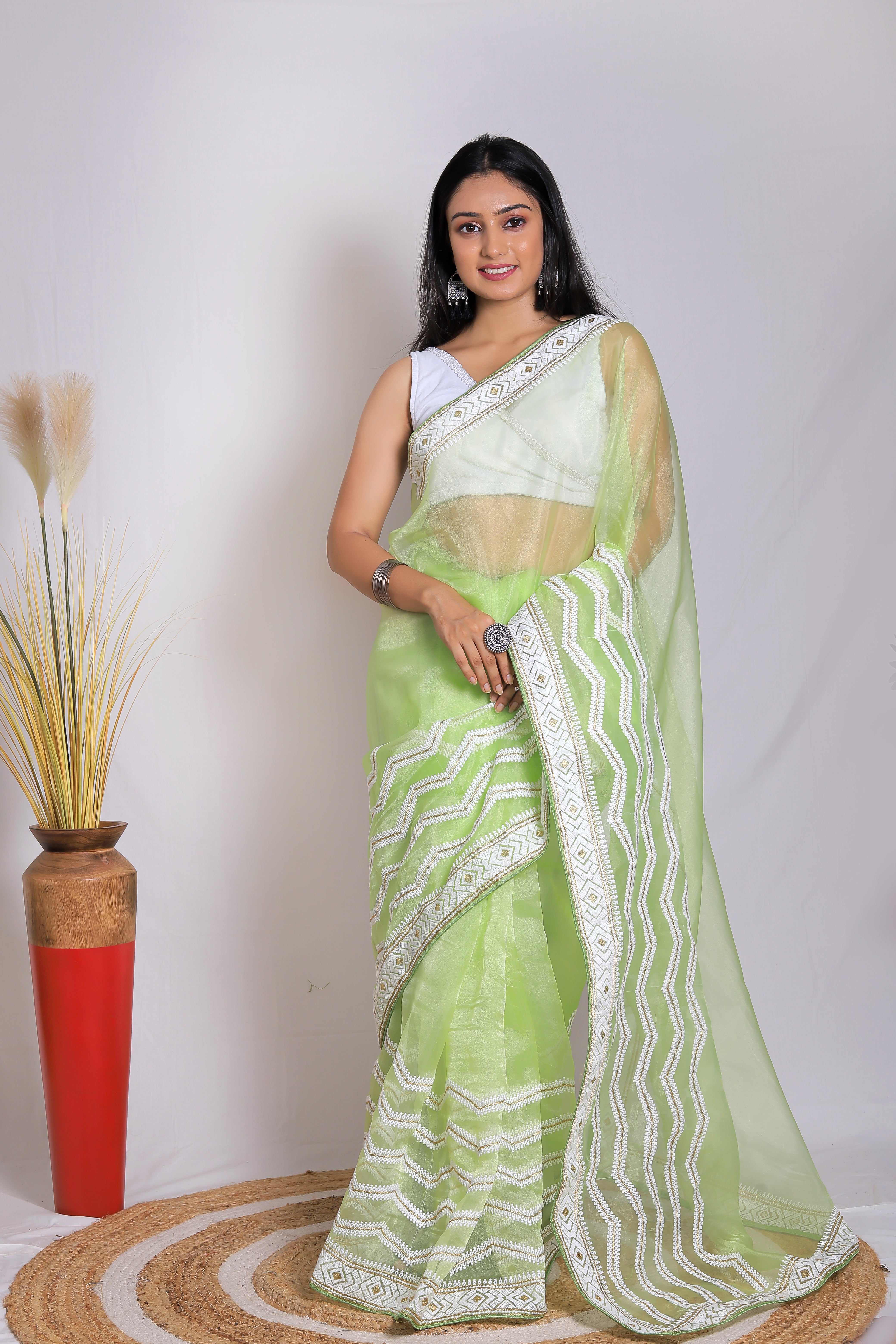 GREEN Organza Saree With Satin Benglori Blouse