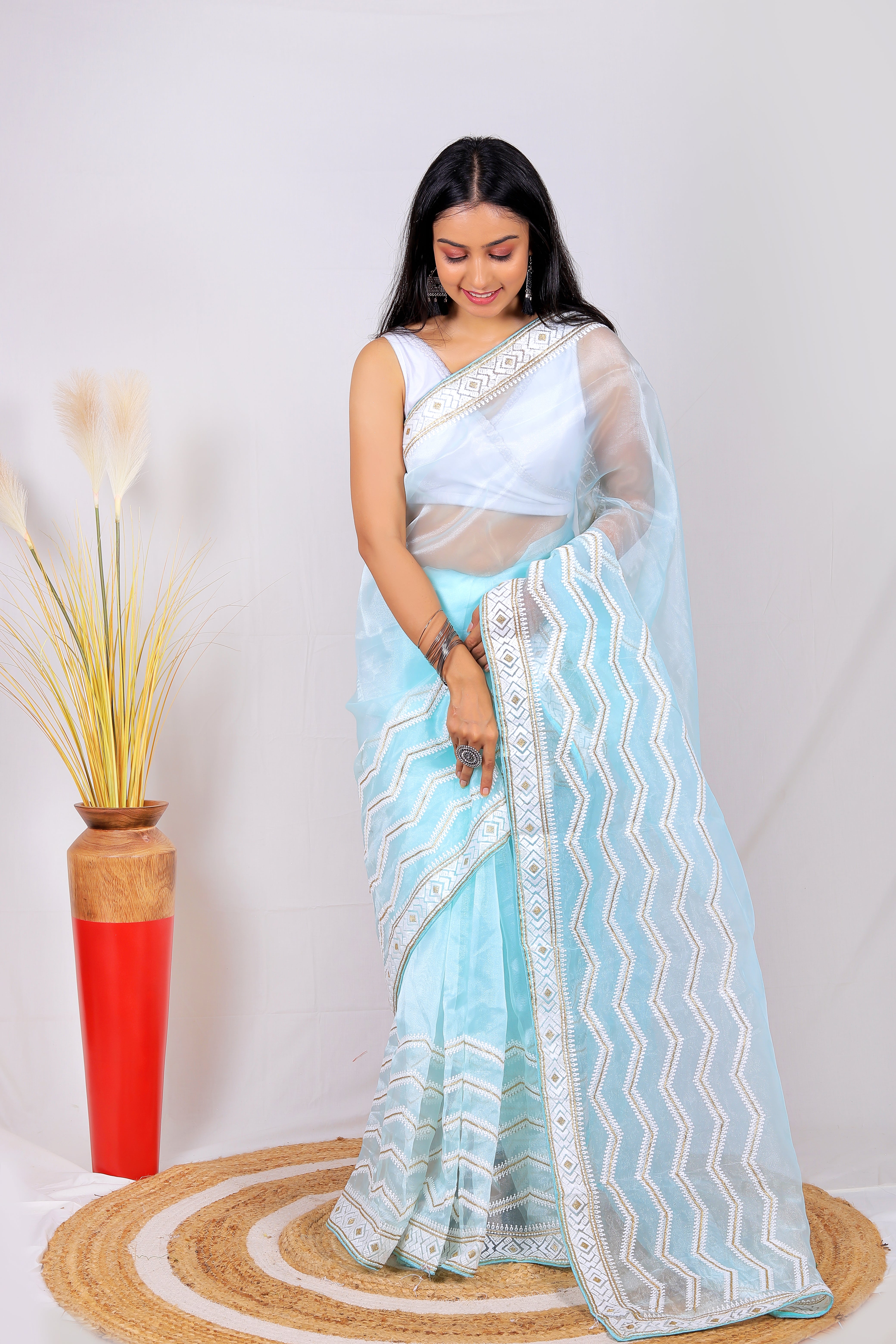 Sky Organza Saree With Satin Benglori Blouse