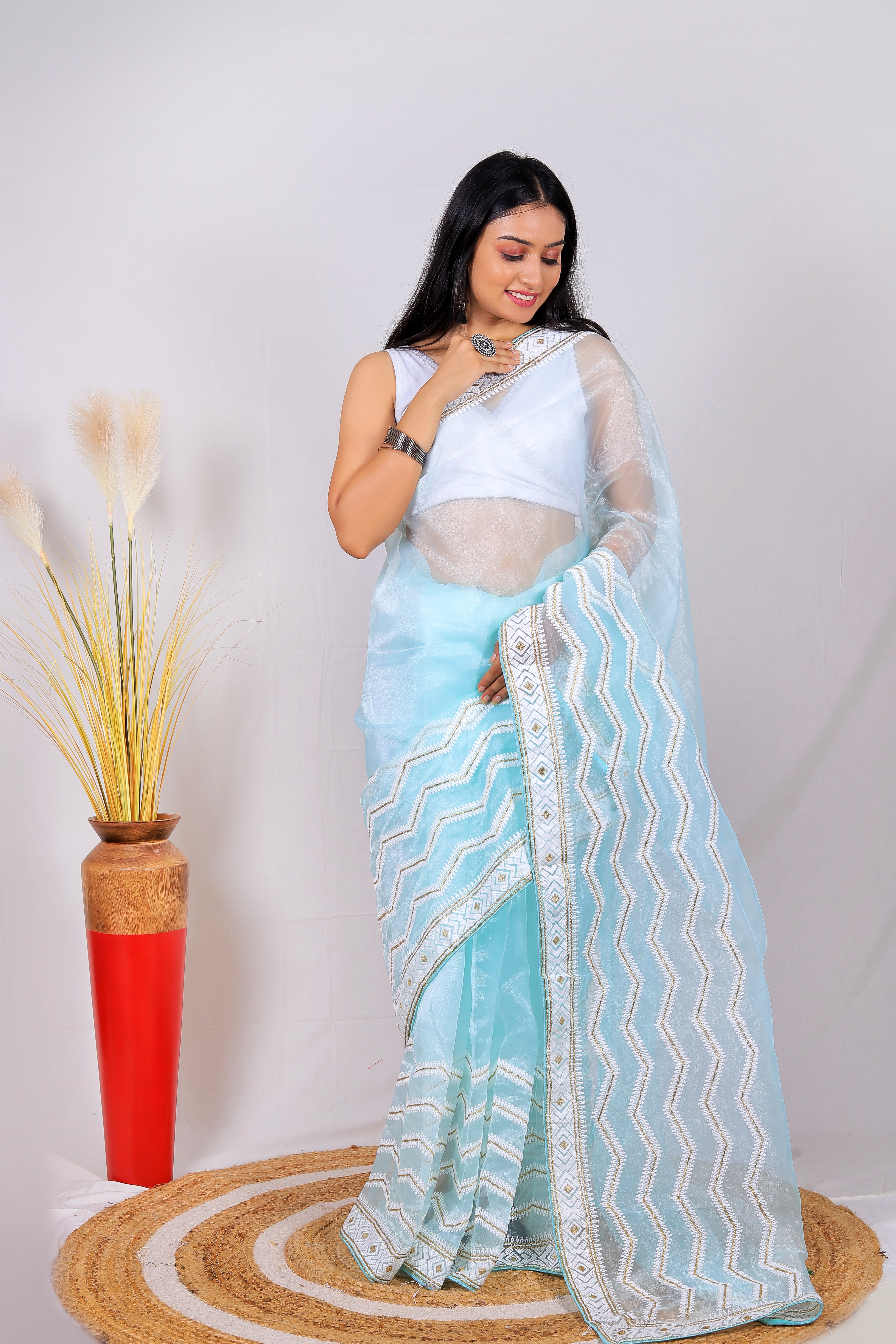 Sky Organza Saree With Satin Benglori Blouse