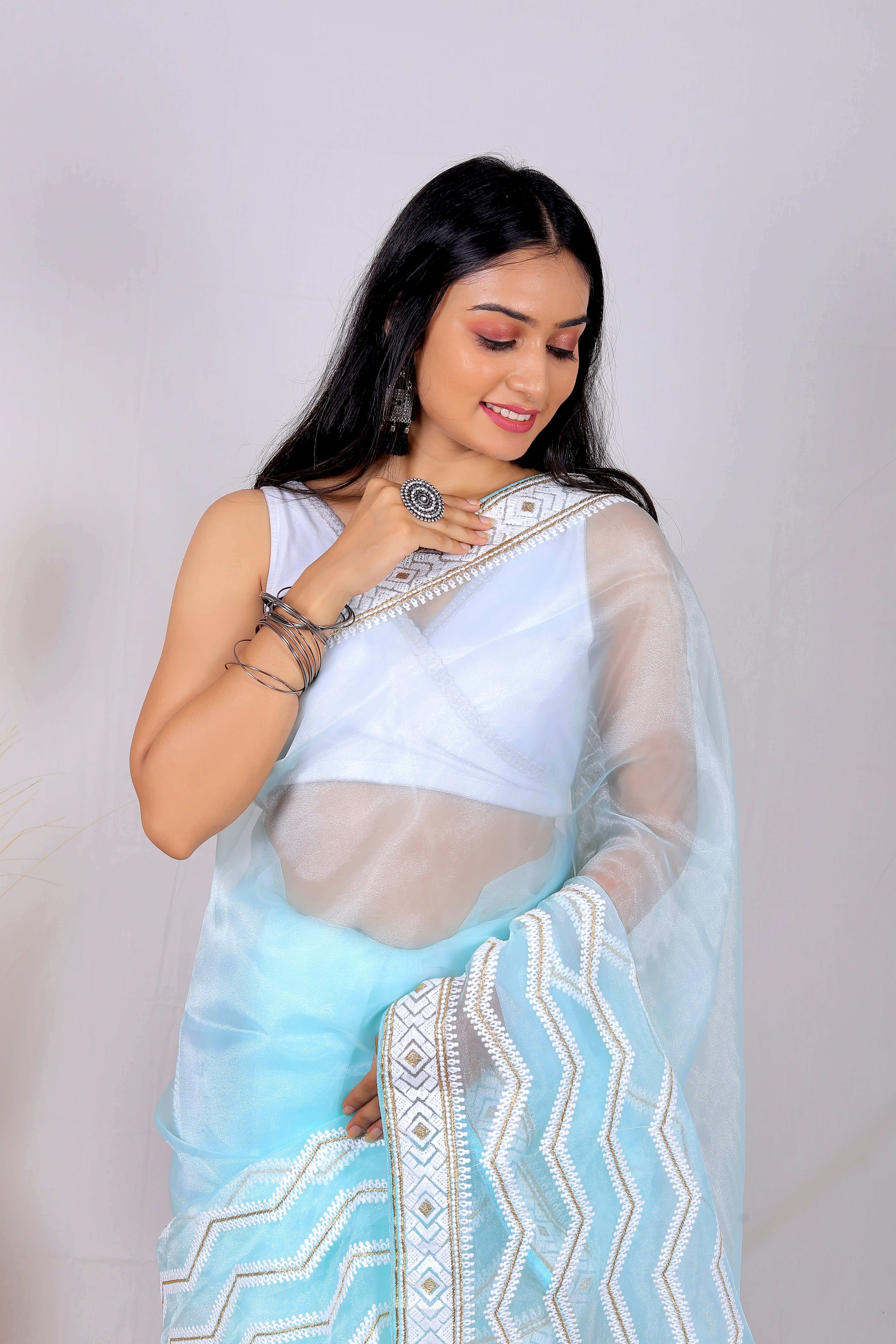 Sky Organza Saree With Satin Benglori Blouse