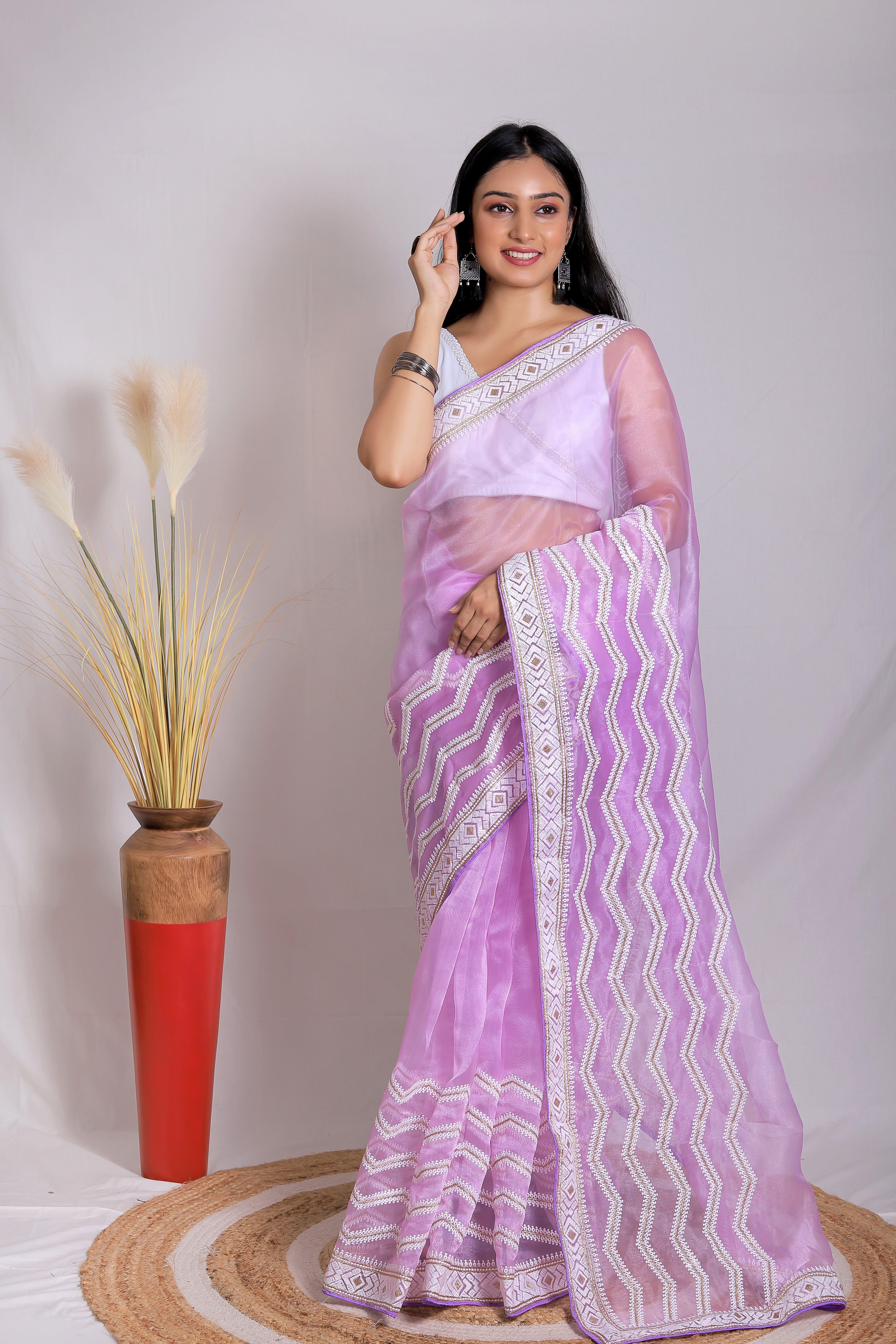 Lavender Organza Saree With Satin Benglori Blouse