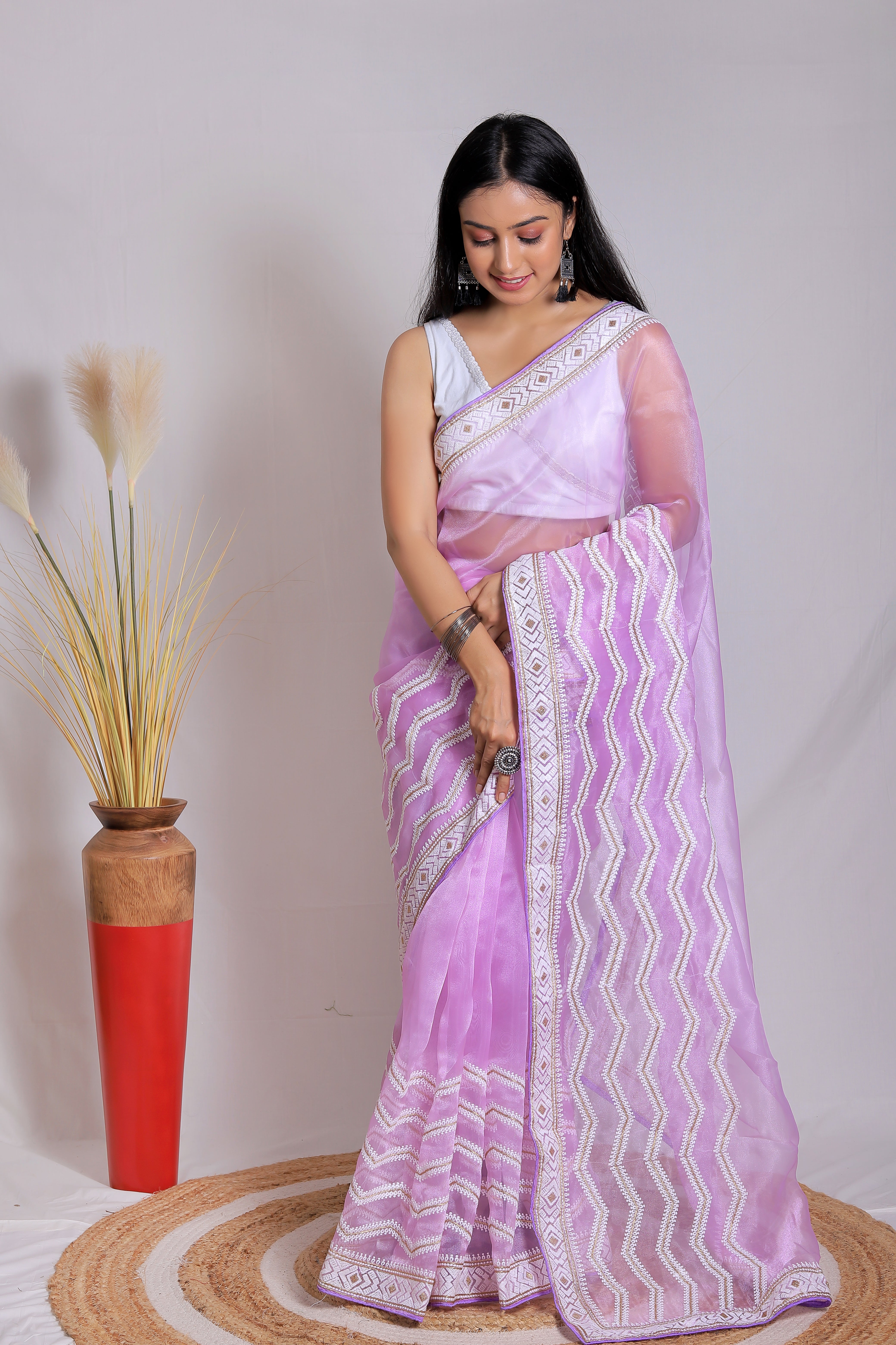 Lavender Organza Saree With Satin Benglori Blouse