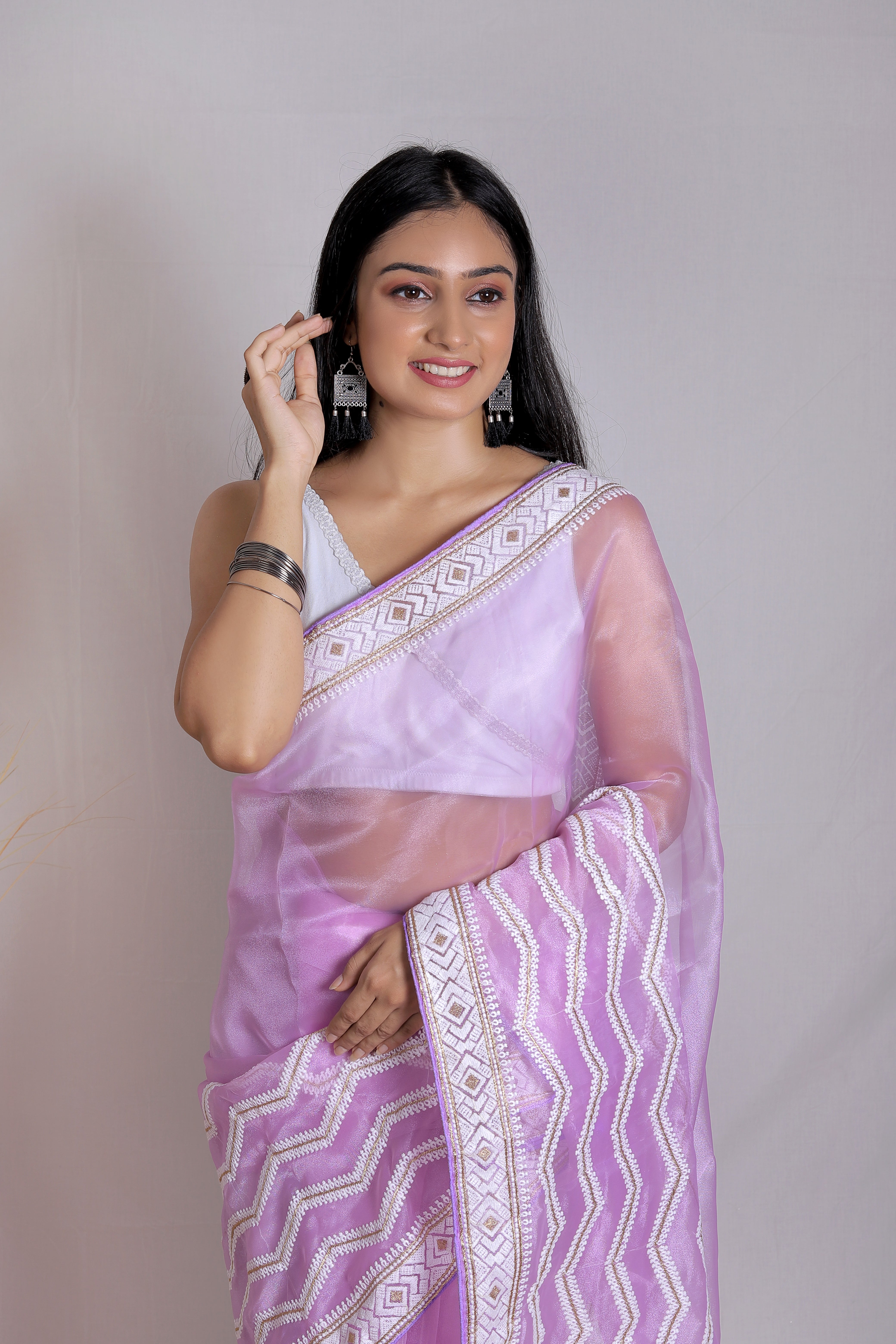 Lavender Organza Saree With Satin Benglori Blouse