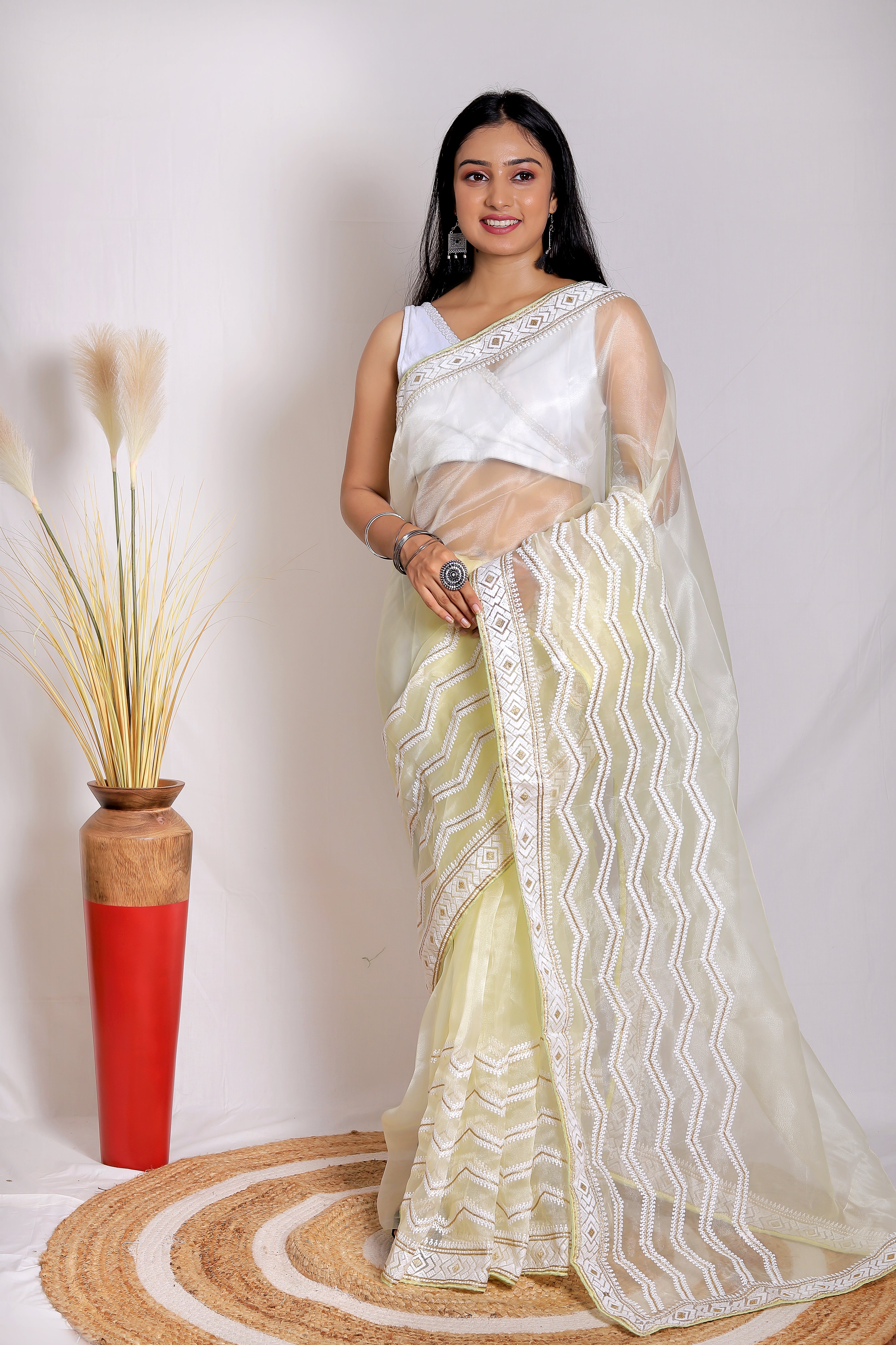 Yellow Organza Saree With Satin Benglori Blouse