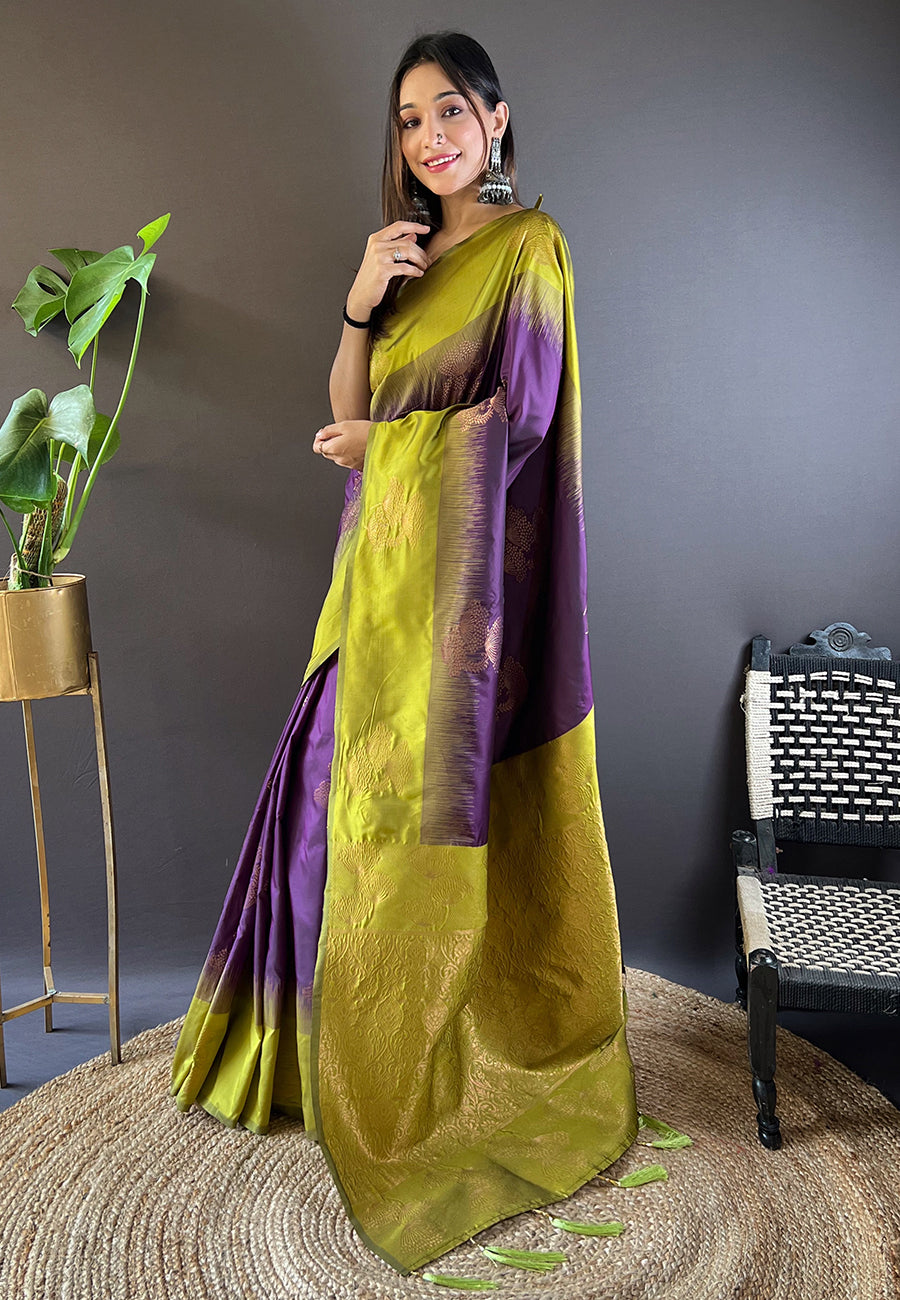 PARROT GREEN WITH PURPLE SOFT SILK SAREE WITH ZARI WOVEN