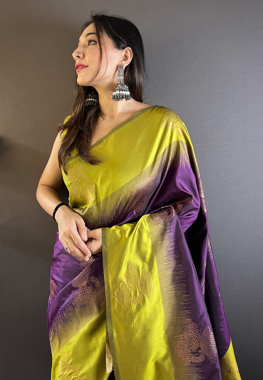 PARROT GREEN WITH PURPLE SOFT SILK SAREE WITH ZARI WOVEN