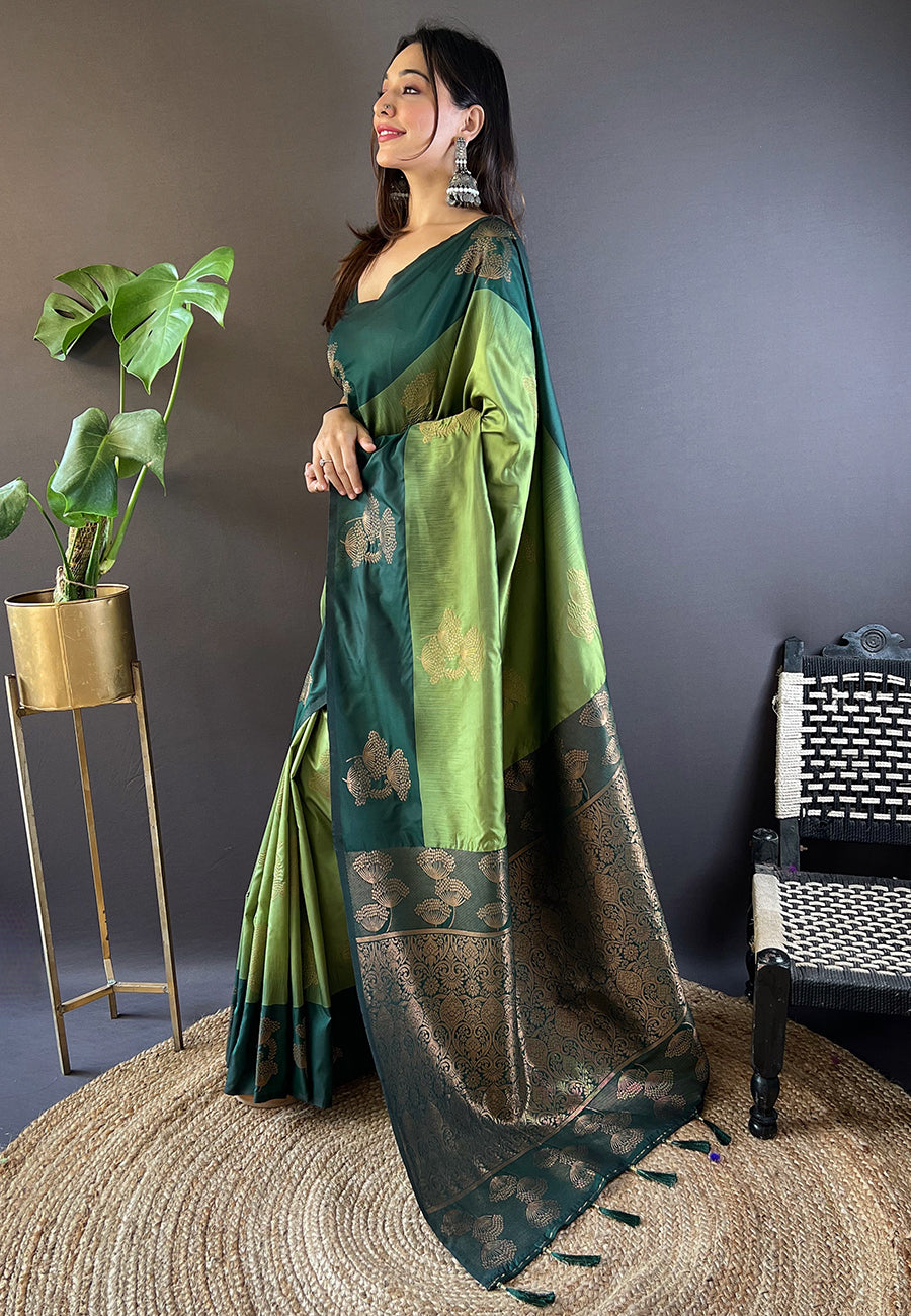 MEHANDI AND GREEN SOFT SILK SAREE WITH ZARI WOVEN