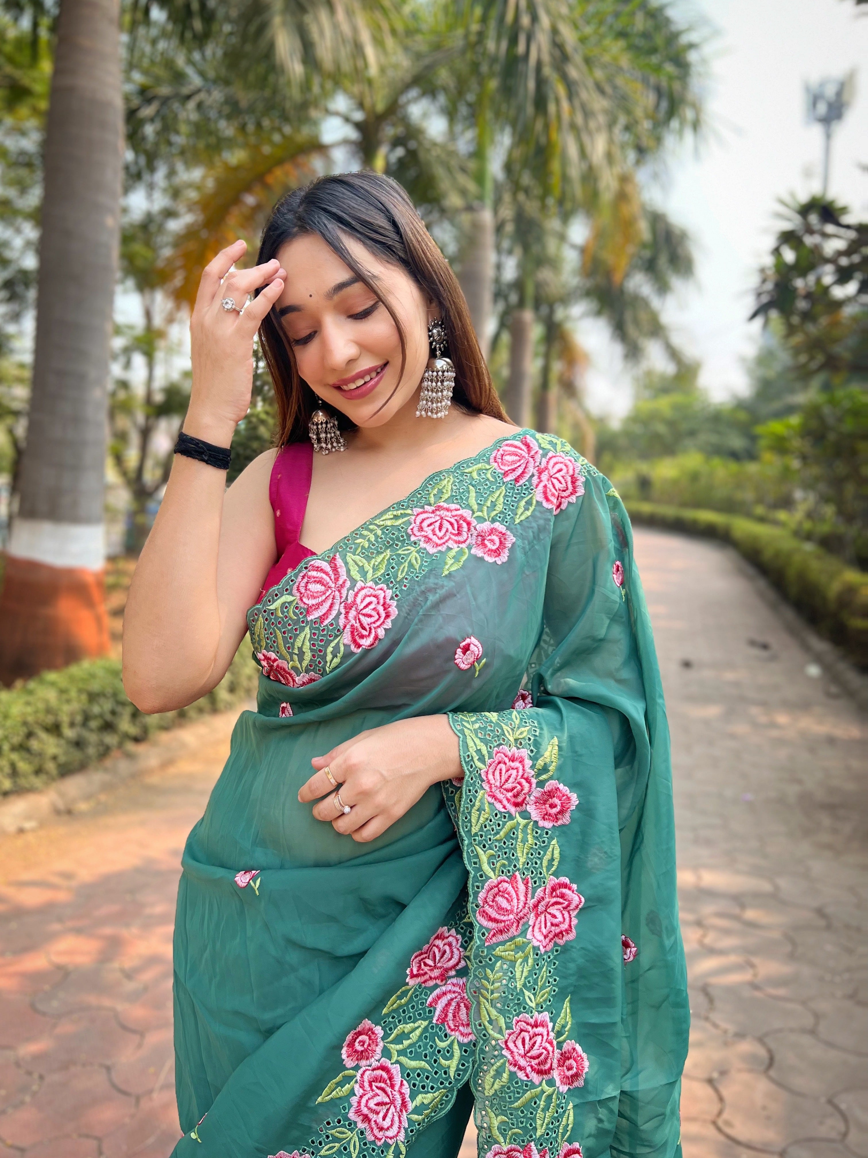 GREEN Organza silk Saree With Sattin Benglori Blouse