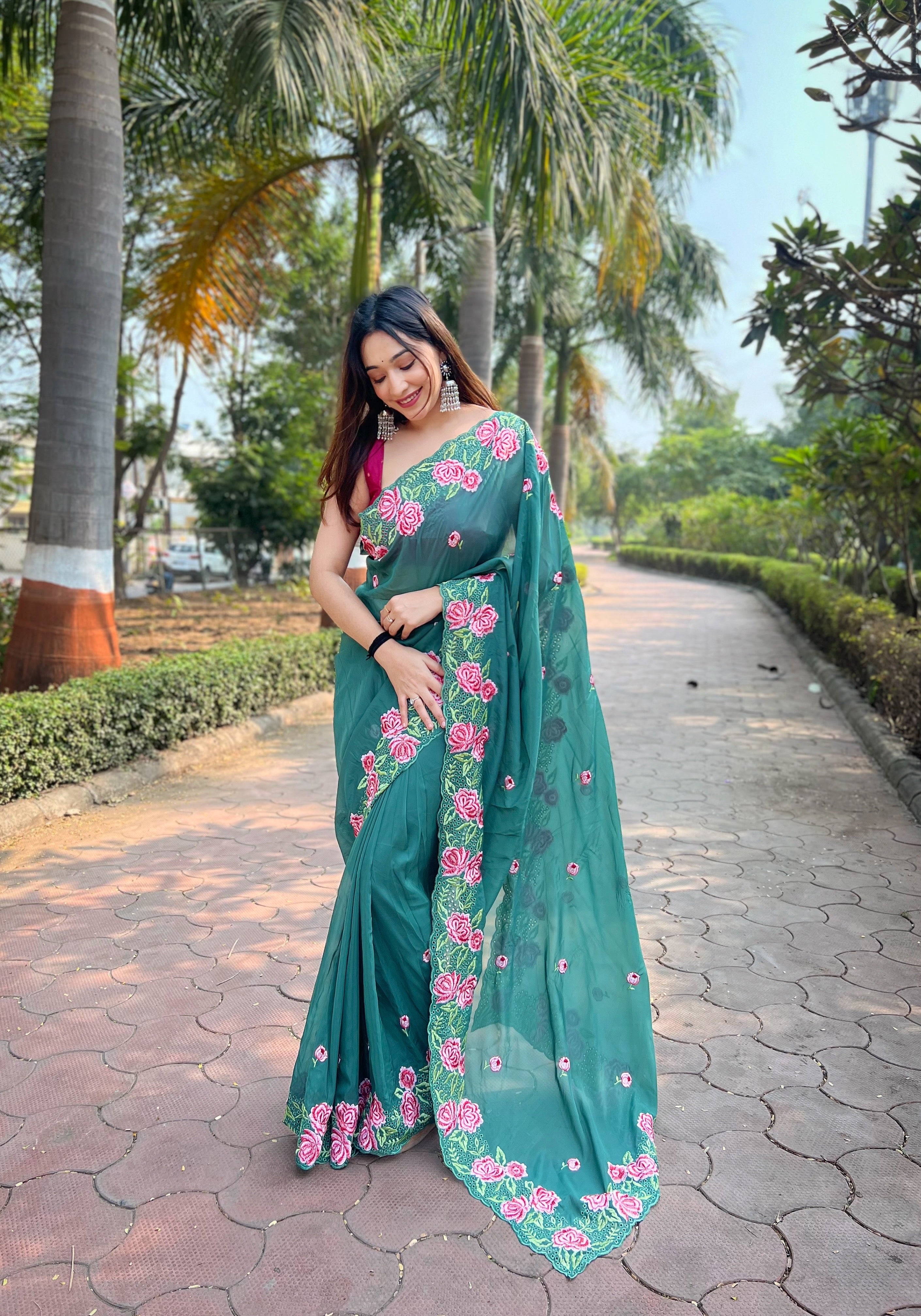 GREEN Organza silk Saree With Sattin Benglori Blouse