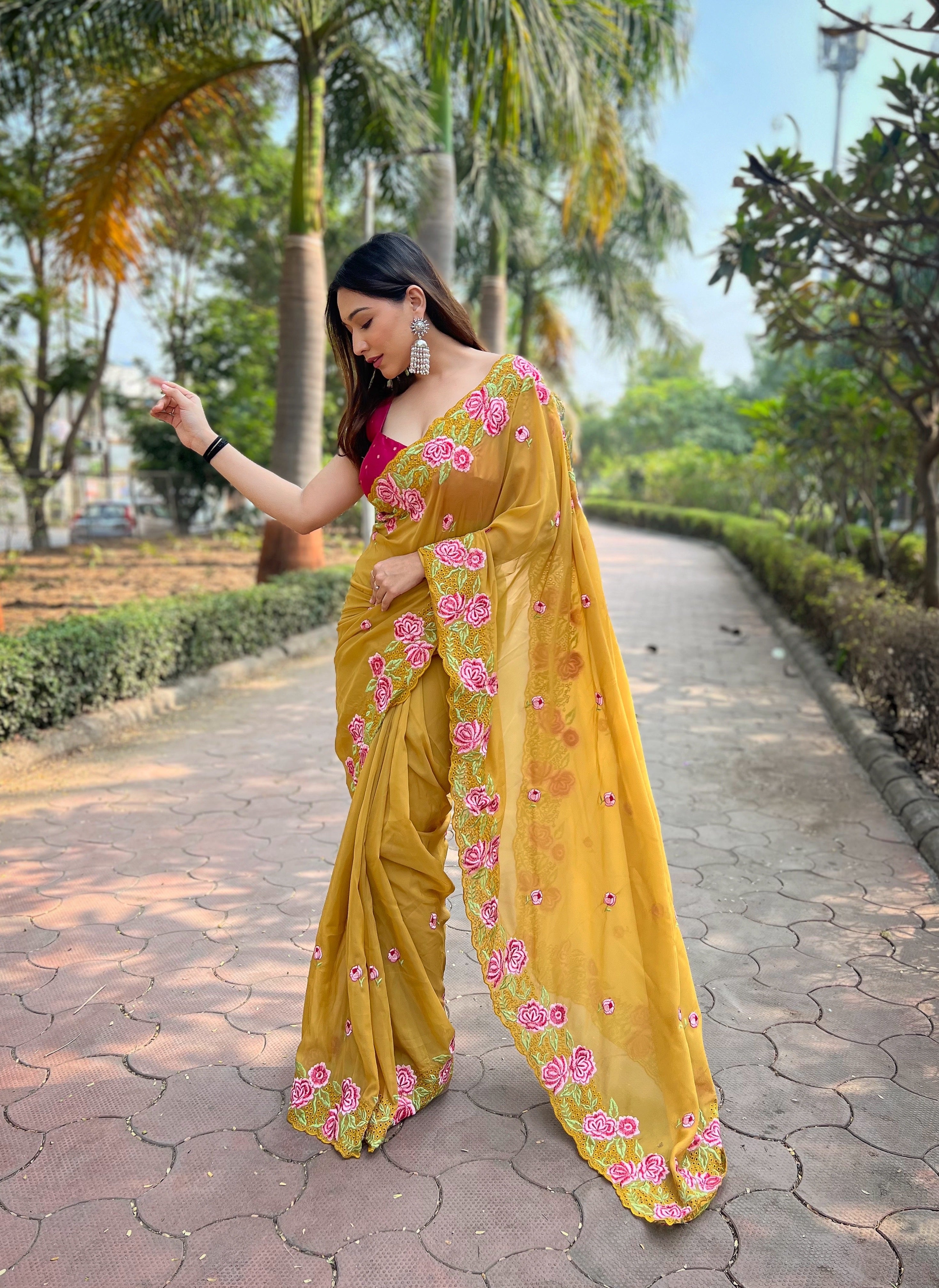 Brown Organza silk Saree With Sattin Benglori Blouse