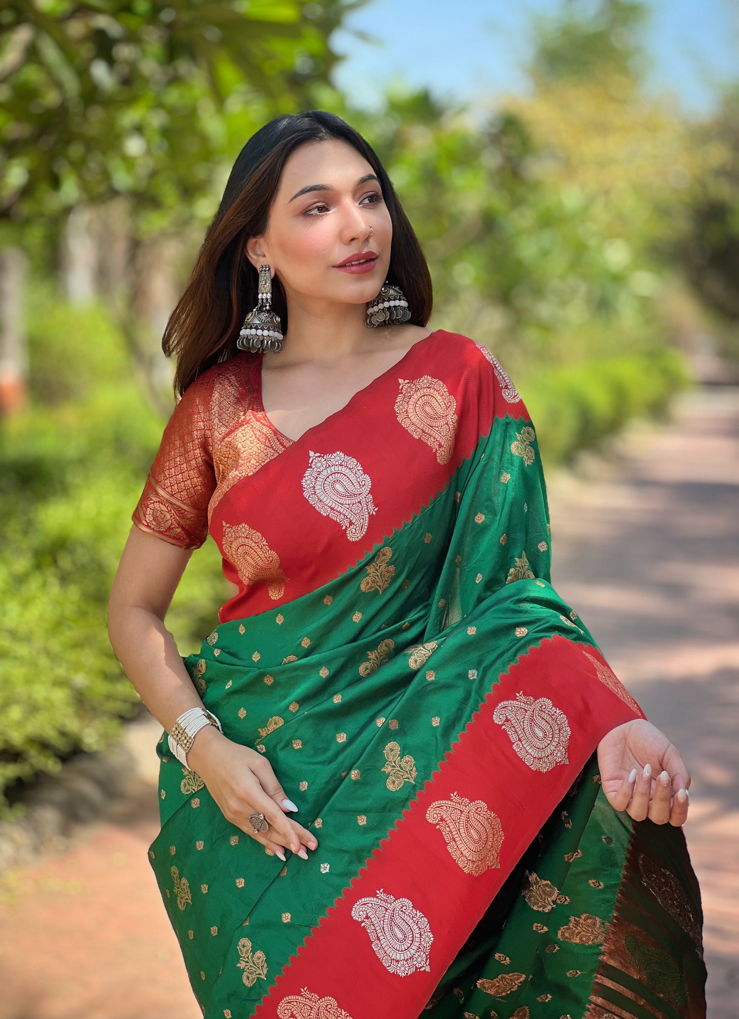 Forest Green Soft Silk Banarasi Saree