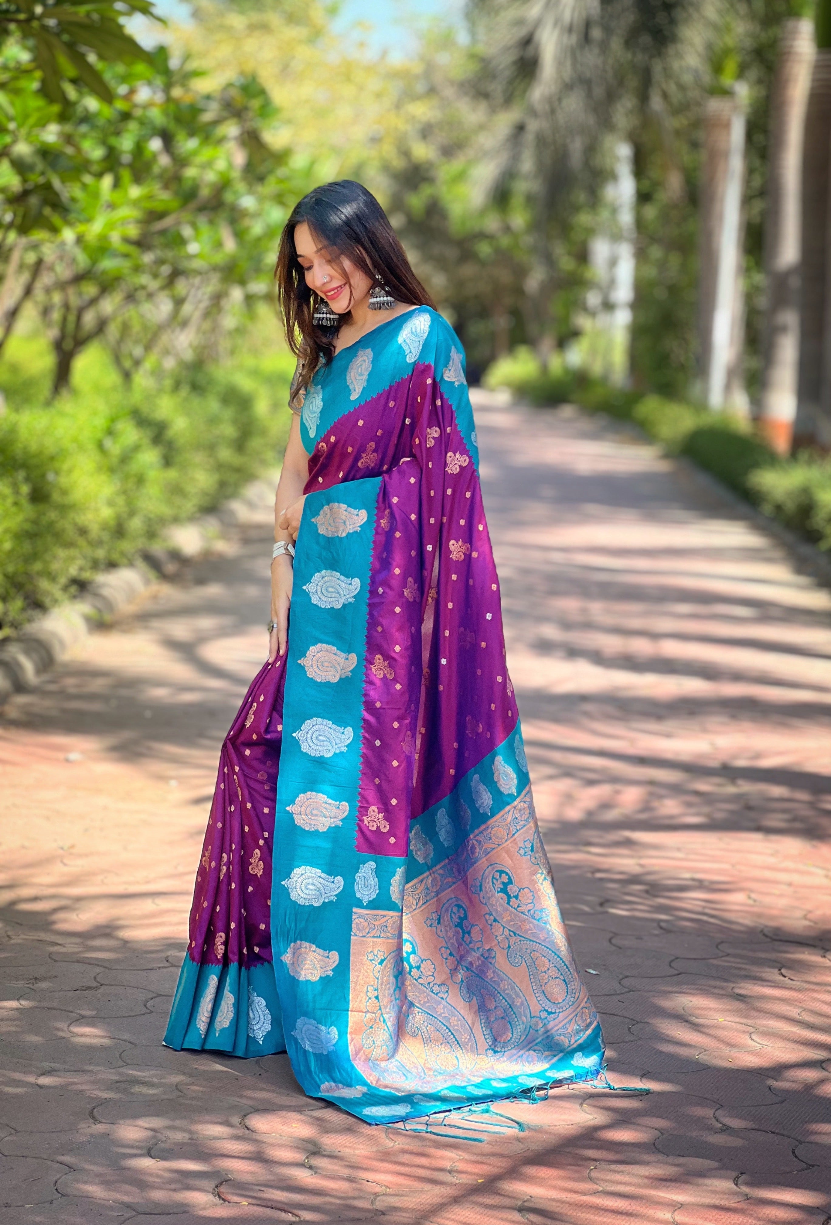 Violet Blue Soft Silk Banarasi Saree