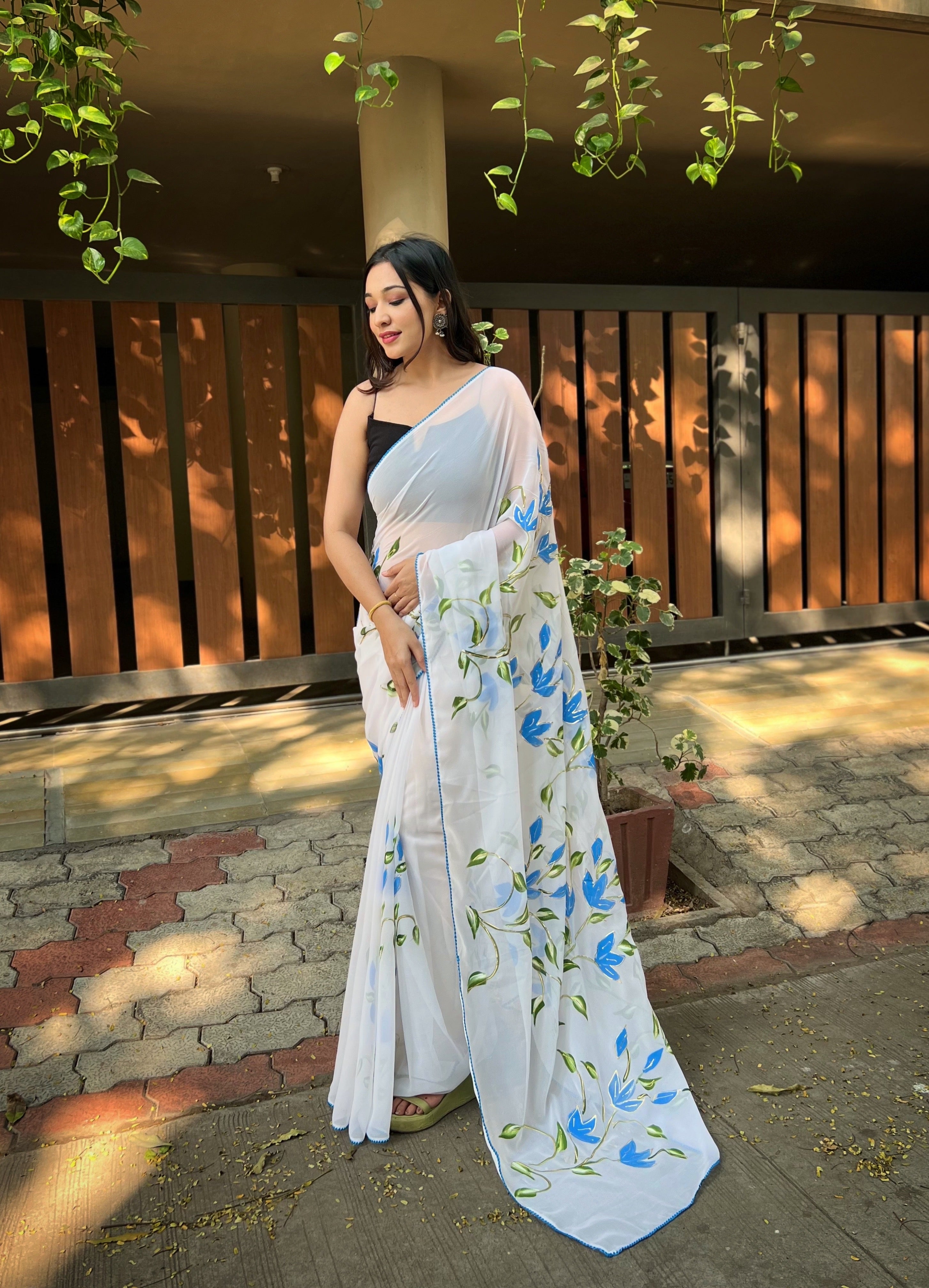 White Georgette Saree With Satin Banglori Blouse