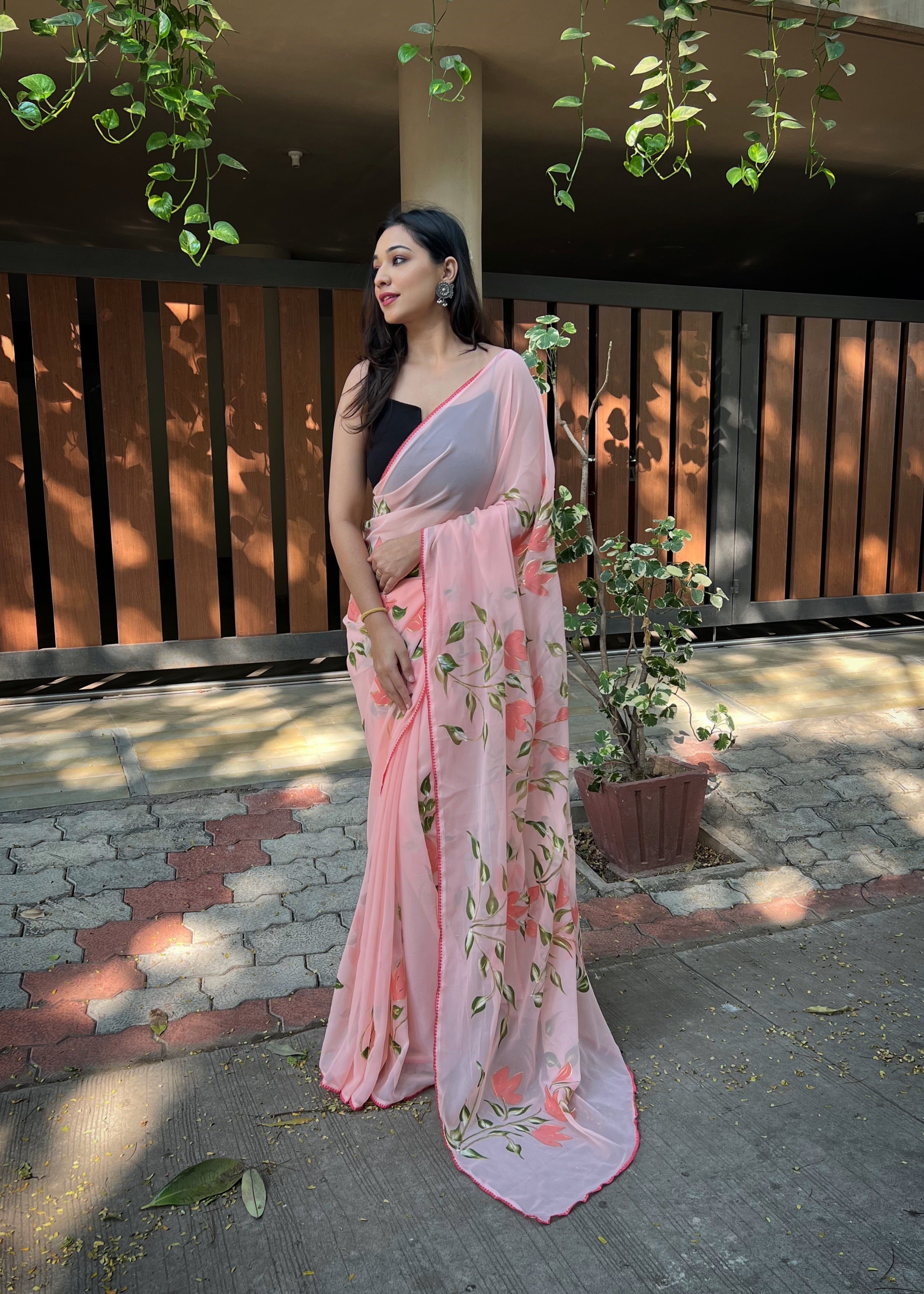 Pink Georgette Saree With Satin Banglori Blouse