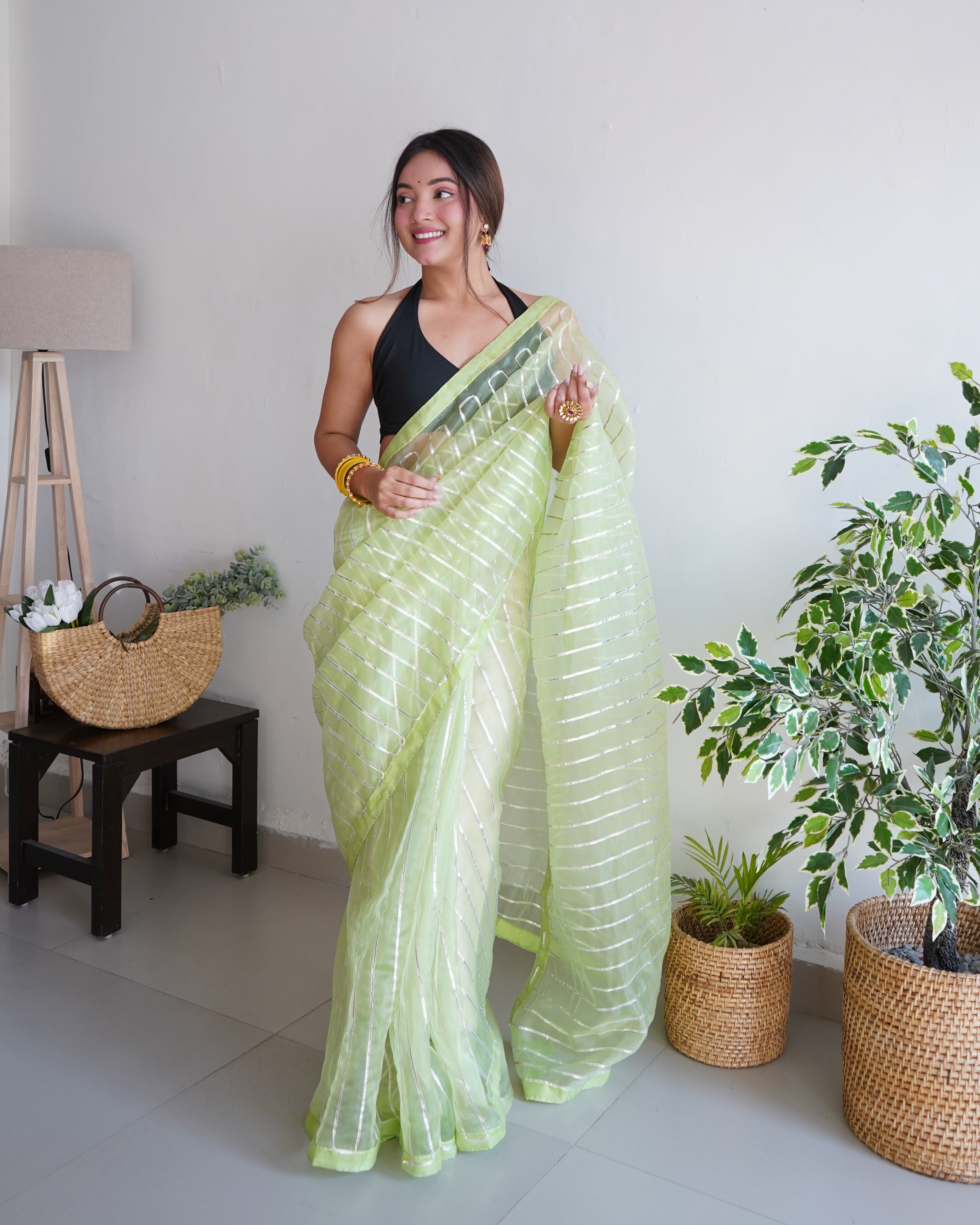 GREEN Organza Silk Saree With Sattin Benglori Blouse