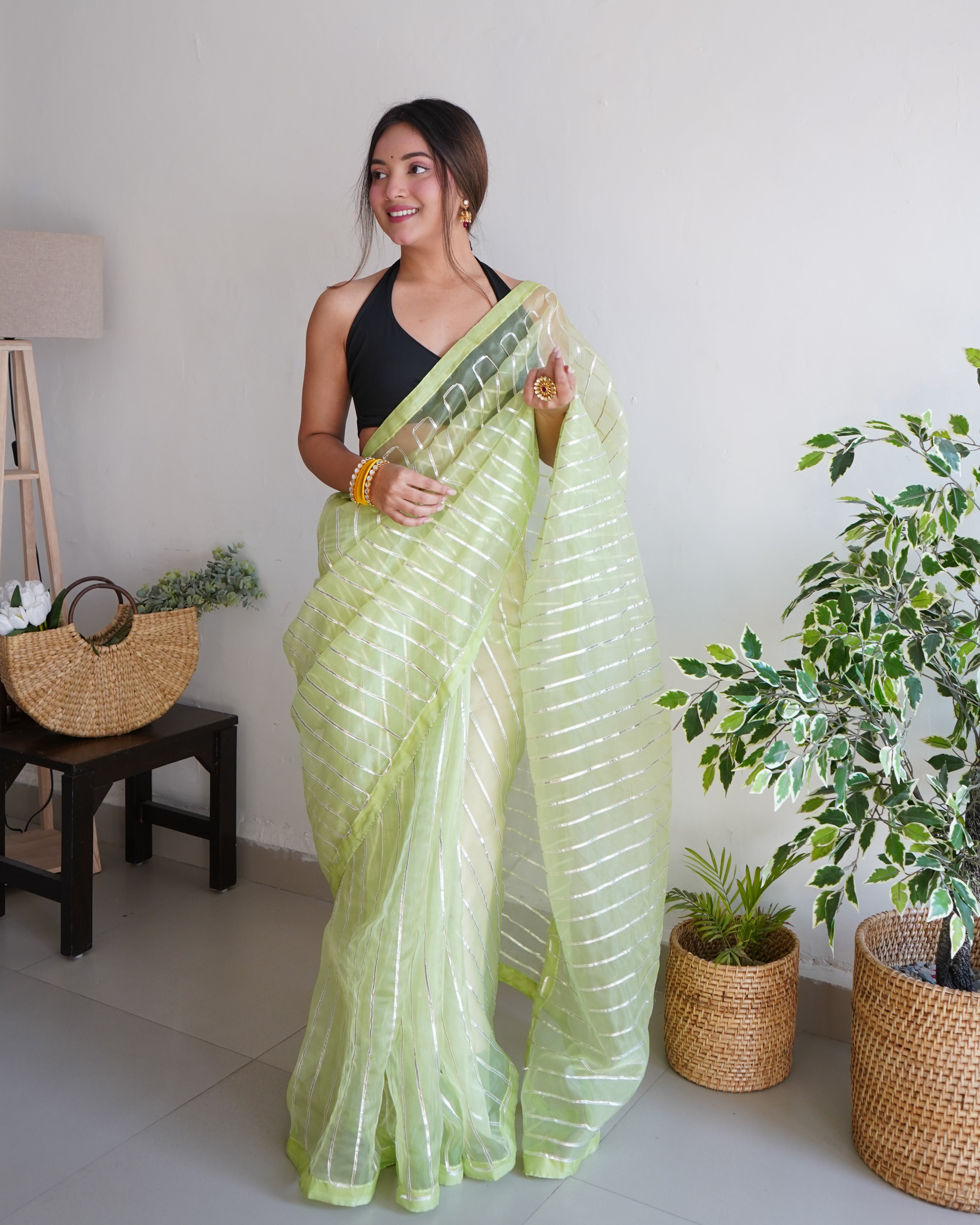 GREEN Organza Silk Saree With Sattin Benglori Blouse