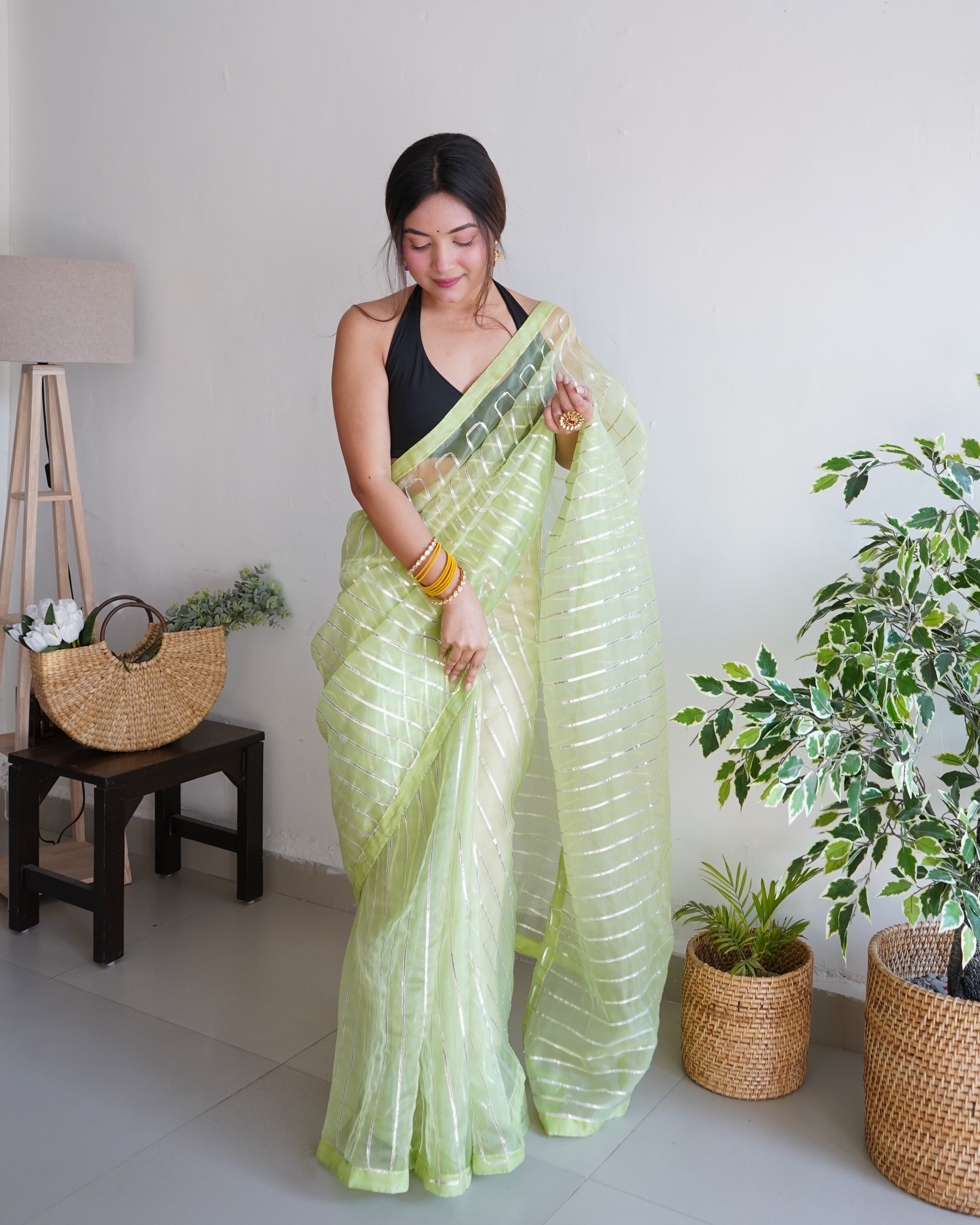 GREEN Organza Silk Saree With Sattin Benglori Blouse