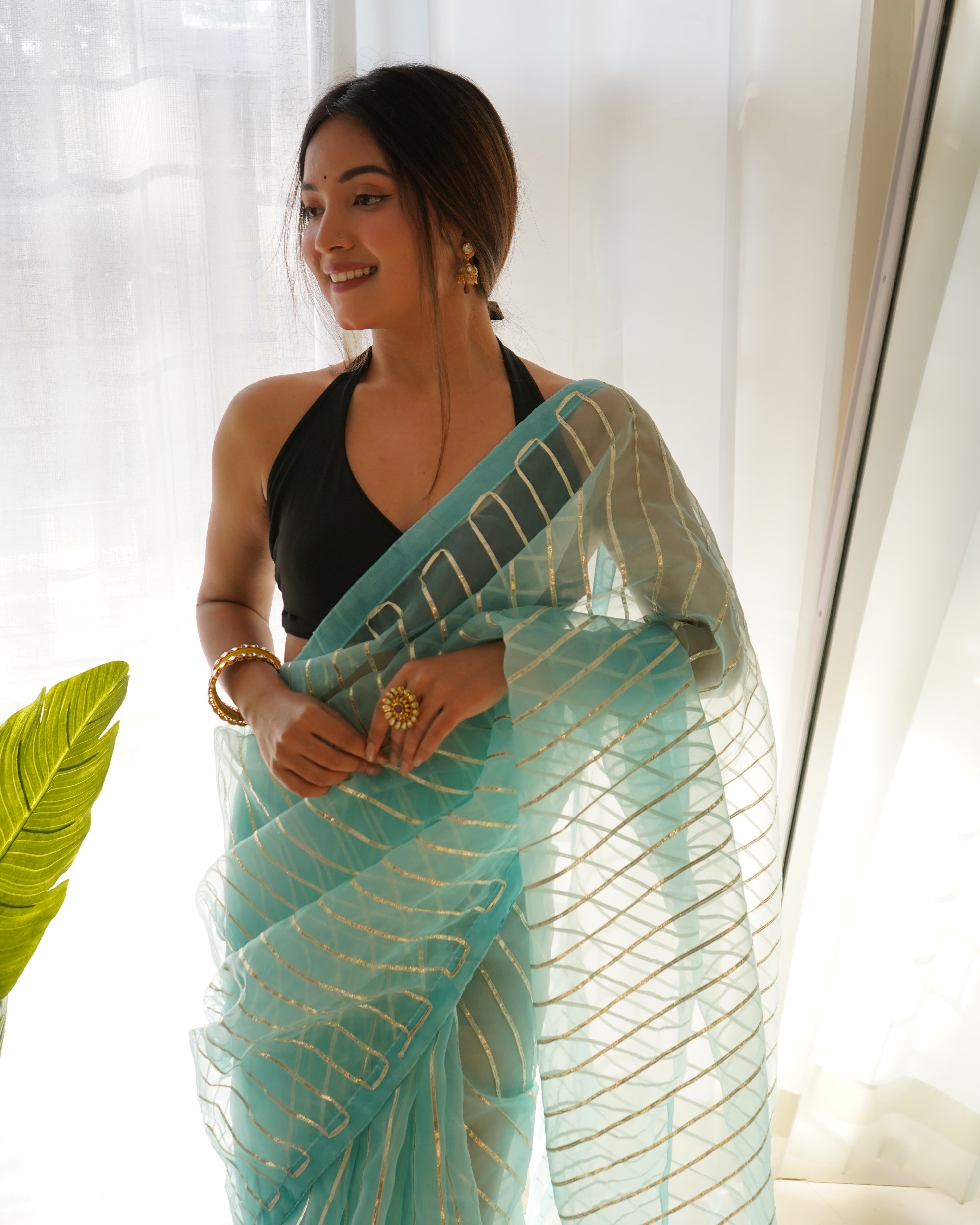 Sky Organza Silk Saree With Sattin Benglori Blouse