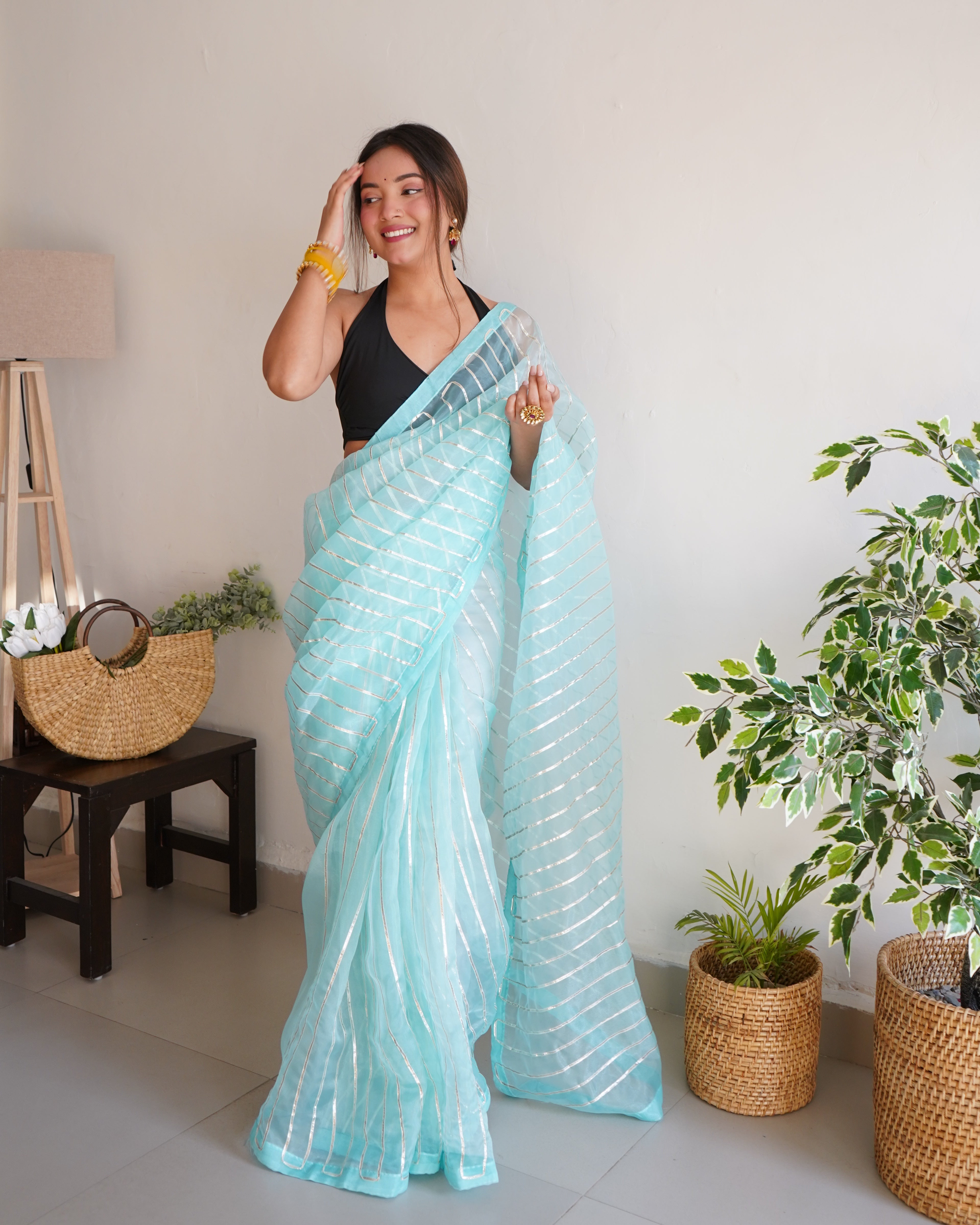 Sky Organza Silk Saree With Sattin Benglori Blouse